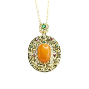 Amber Pendant Necklace with Zircon Garland and Sterling Silver Honey Wax Accents