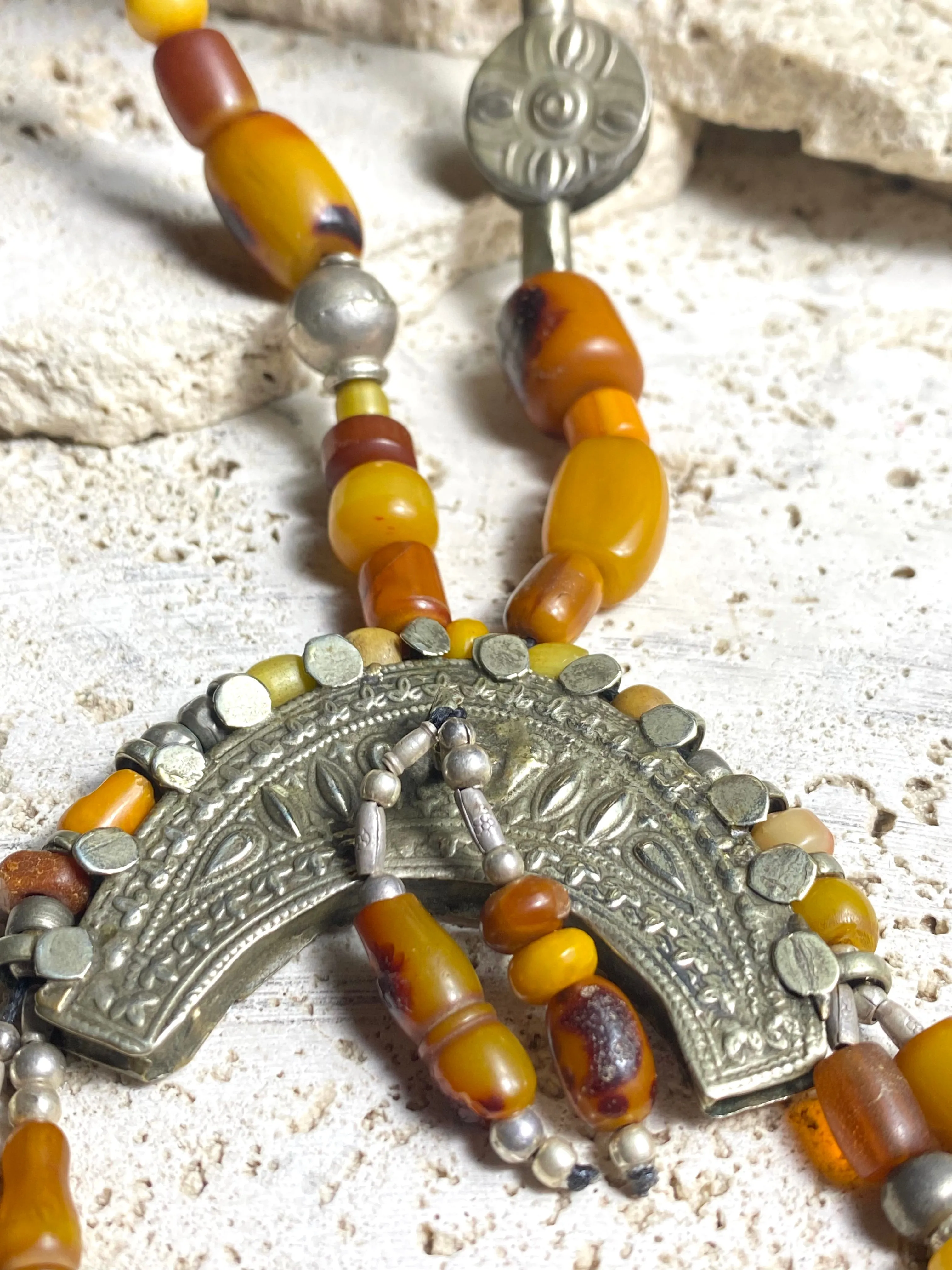 Amber Prayer Bead & Antique Silver Necklace