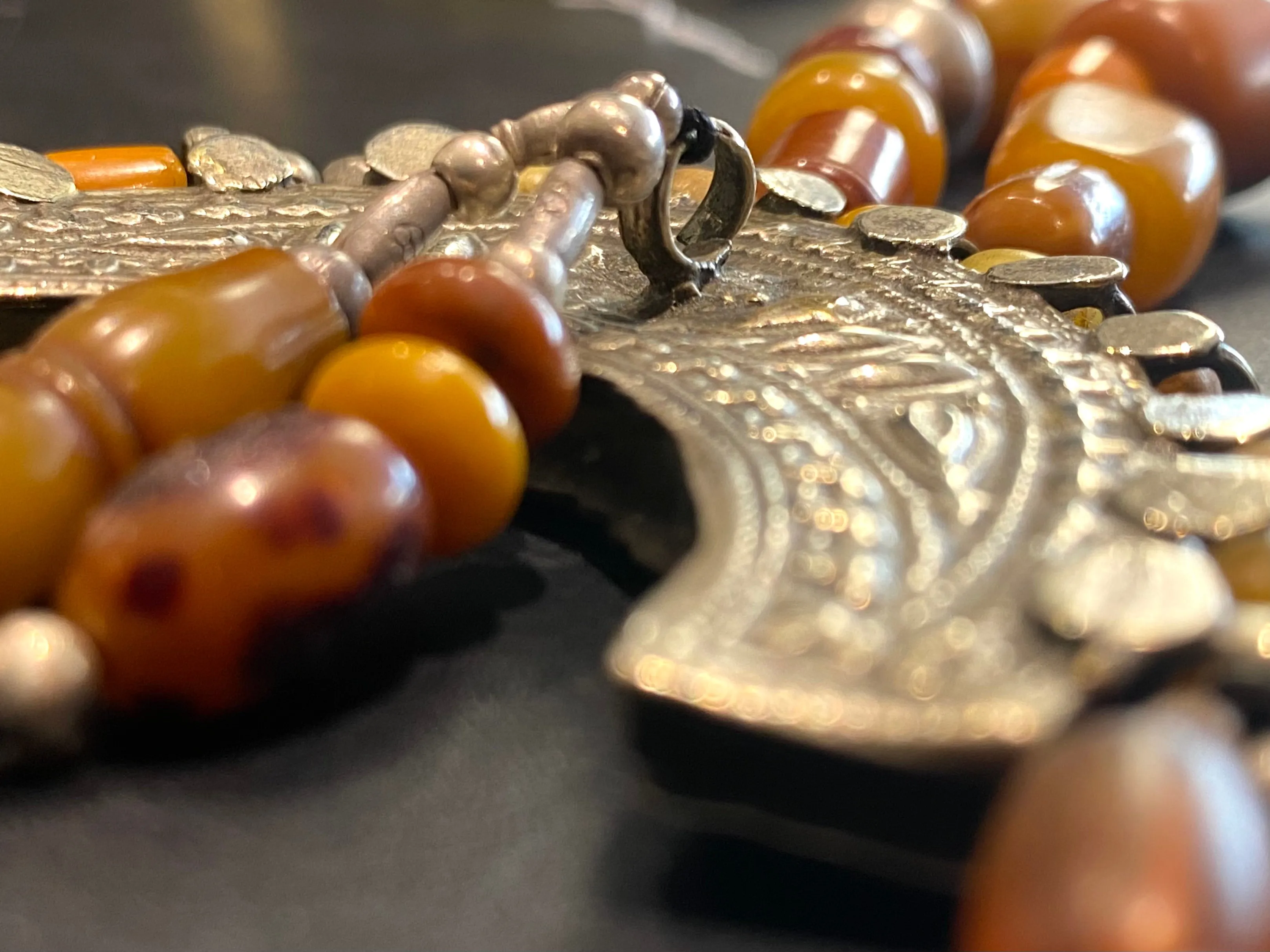 Amber Prayer Bead & Antique Silver Necklace