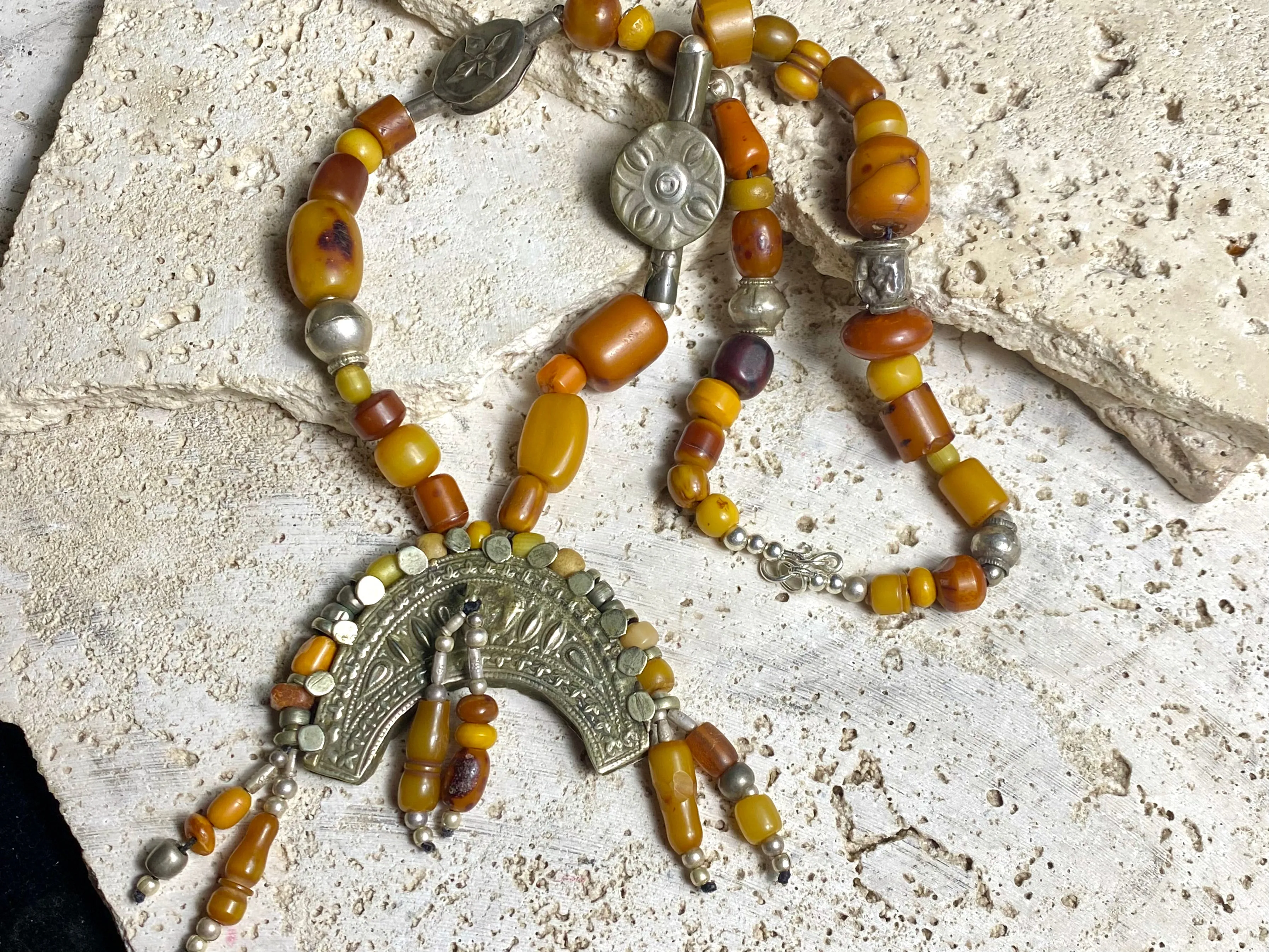 Amber Prayer Bead & Antique Silver Necklace