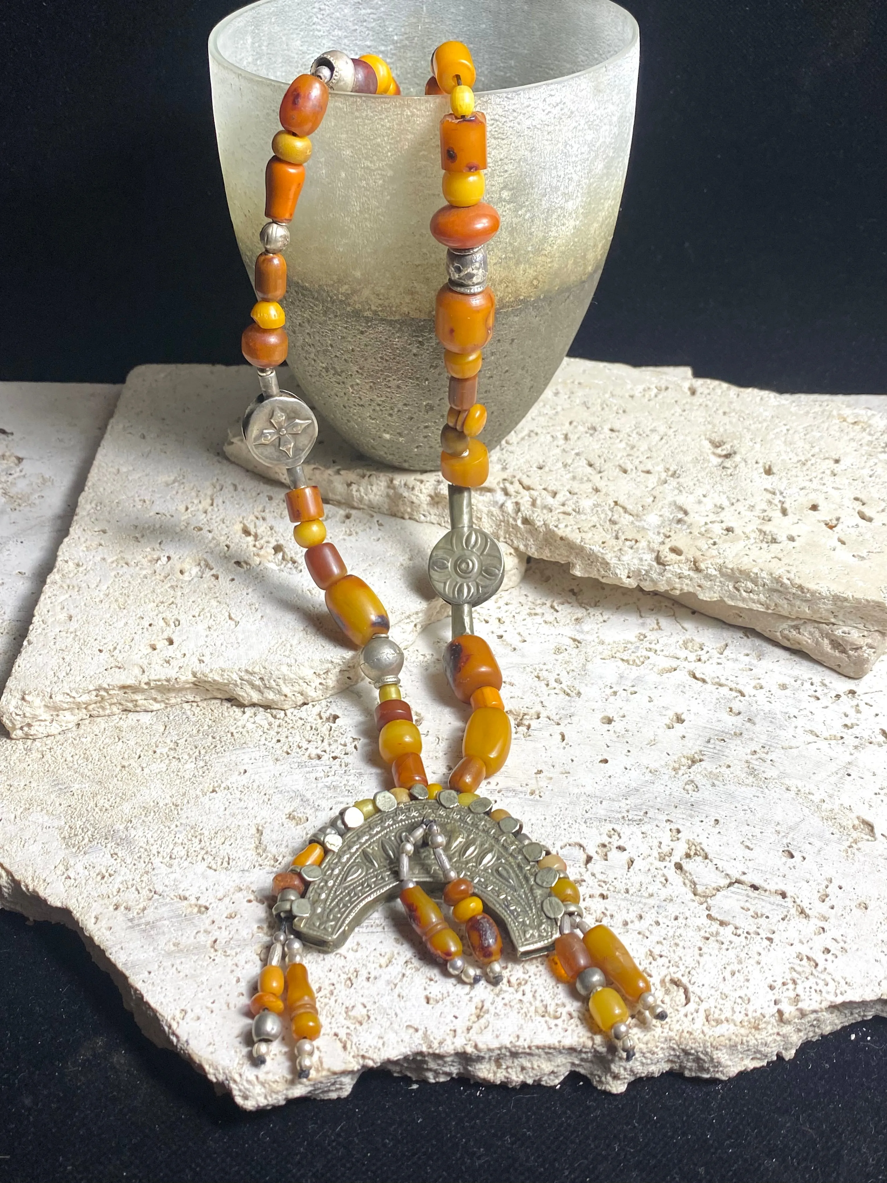 Amber Prayer Bead & Antique Silver Necklace