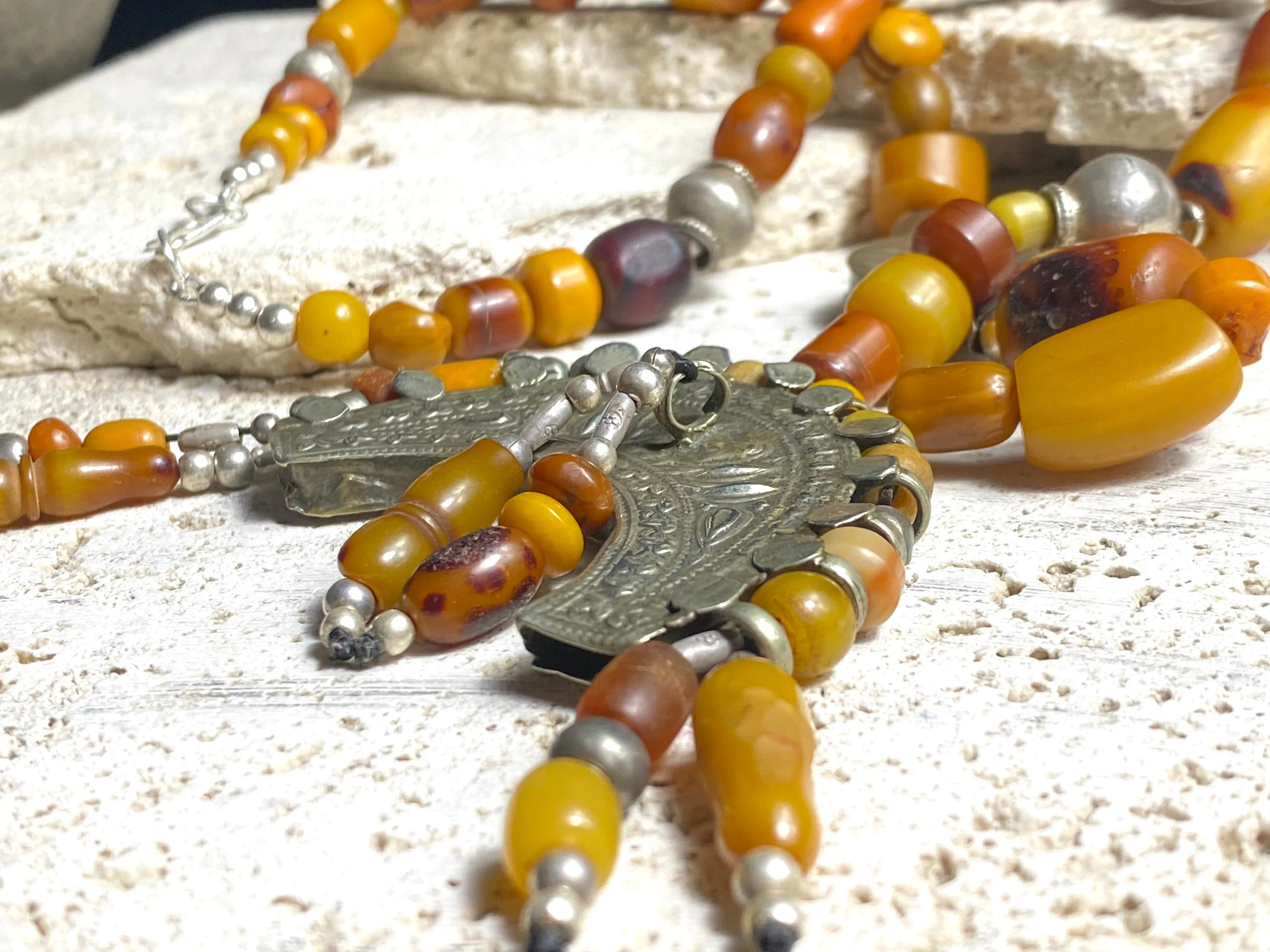 Amber Prayer Bead & Antique Silver Necklace