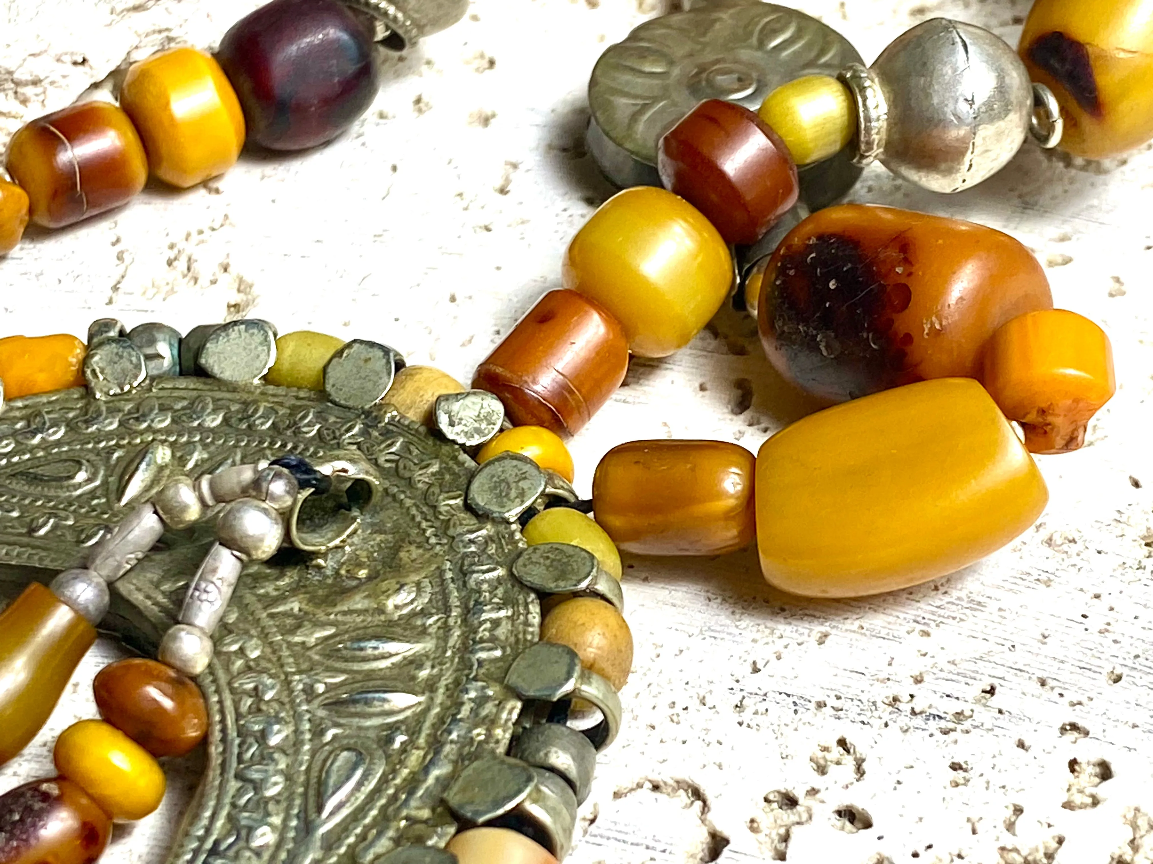 Amber Prayer Bead & Antique Silver Necklace