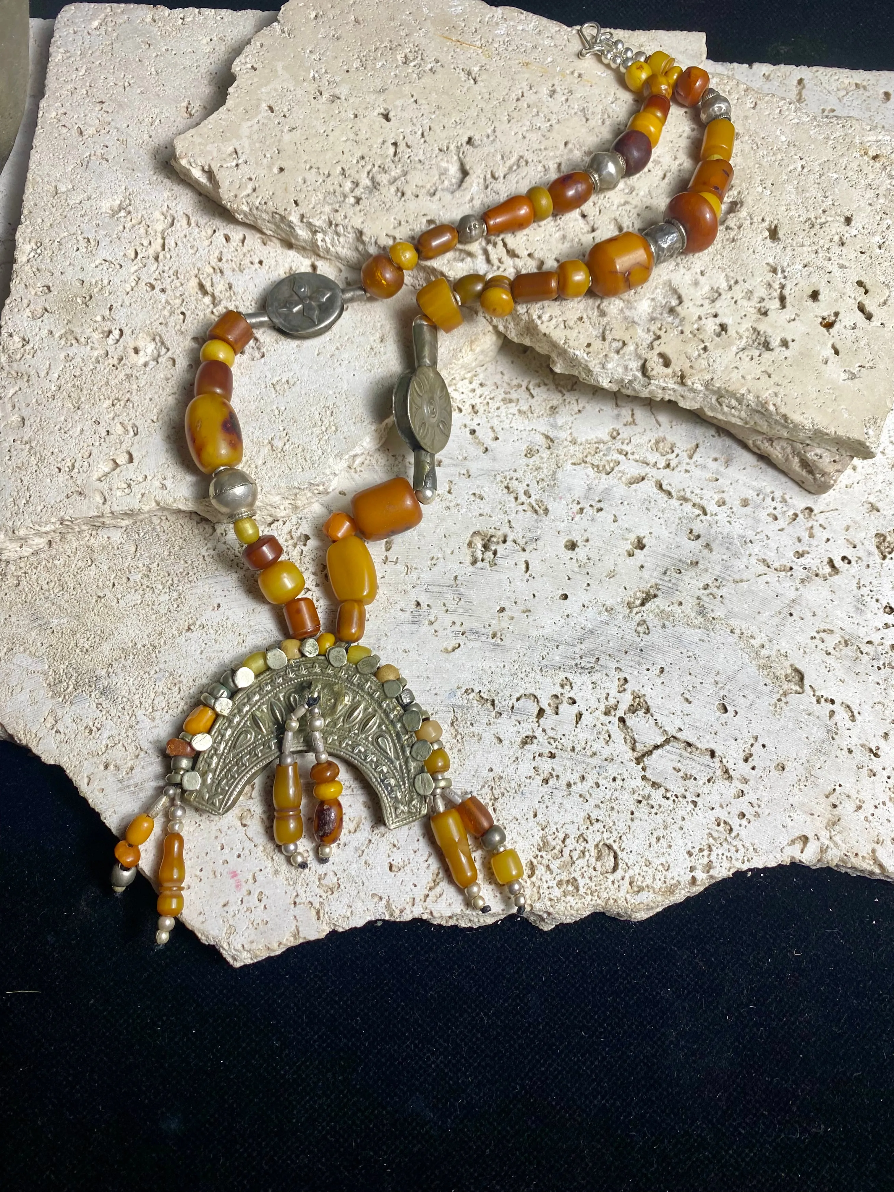 Amber Prayer Bead & Antique Silver Necklace