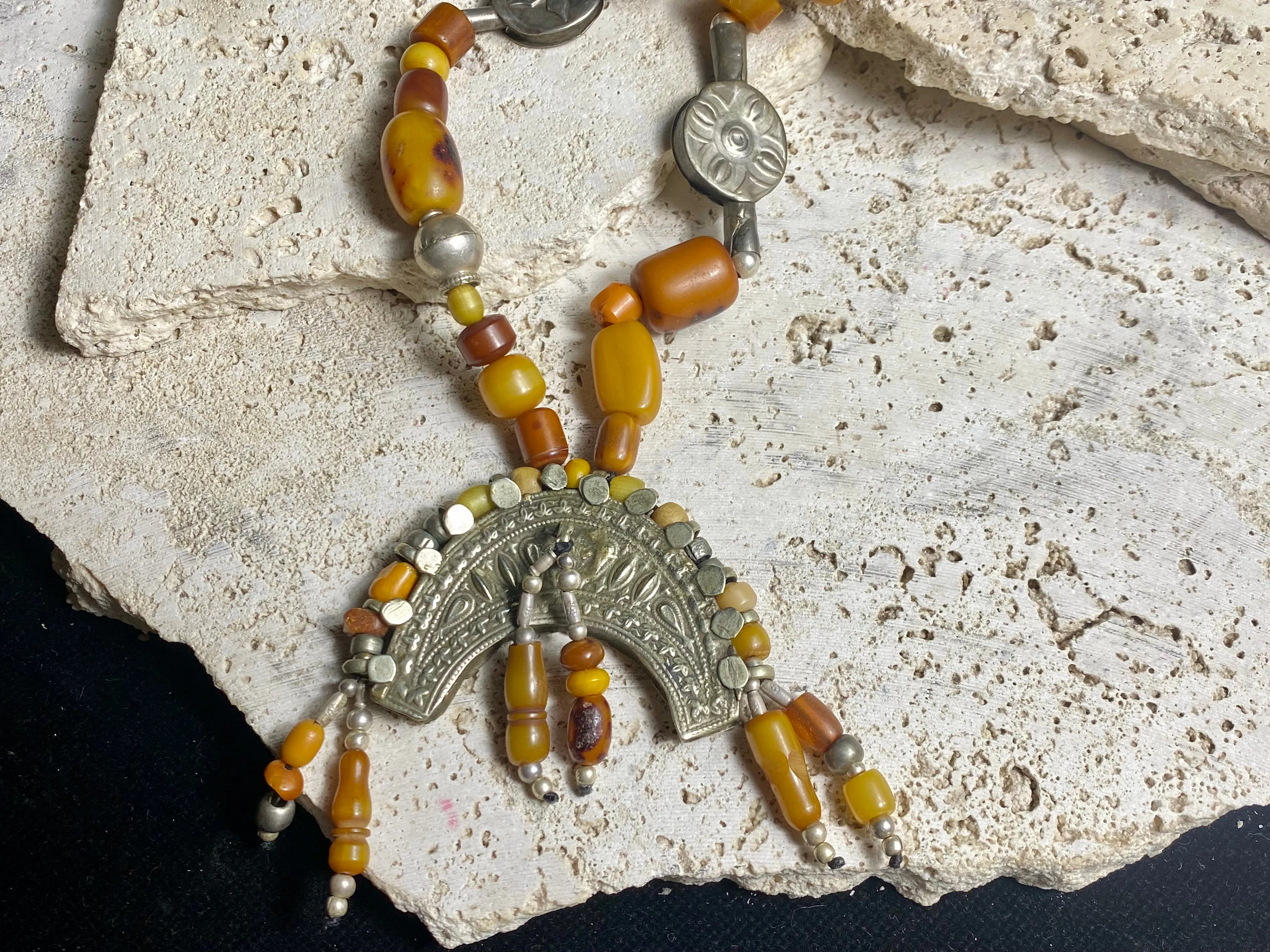 Amber Prayer Bead & Antique Silver Necklace