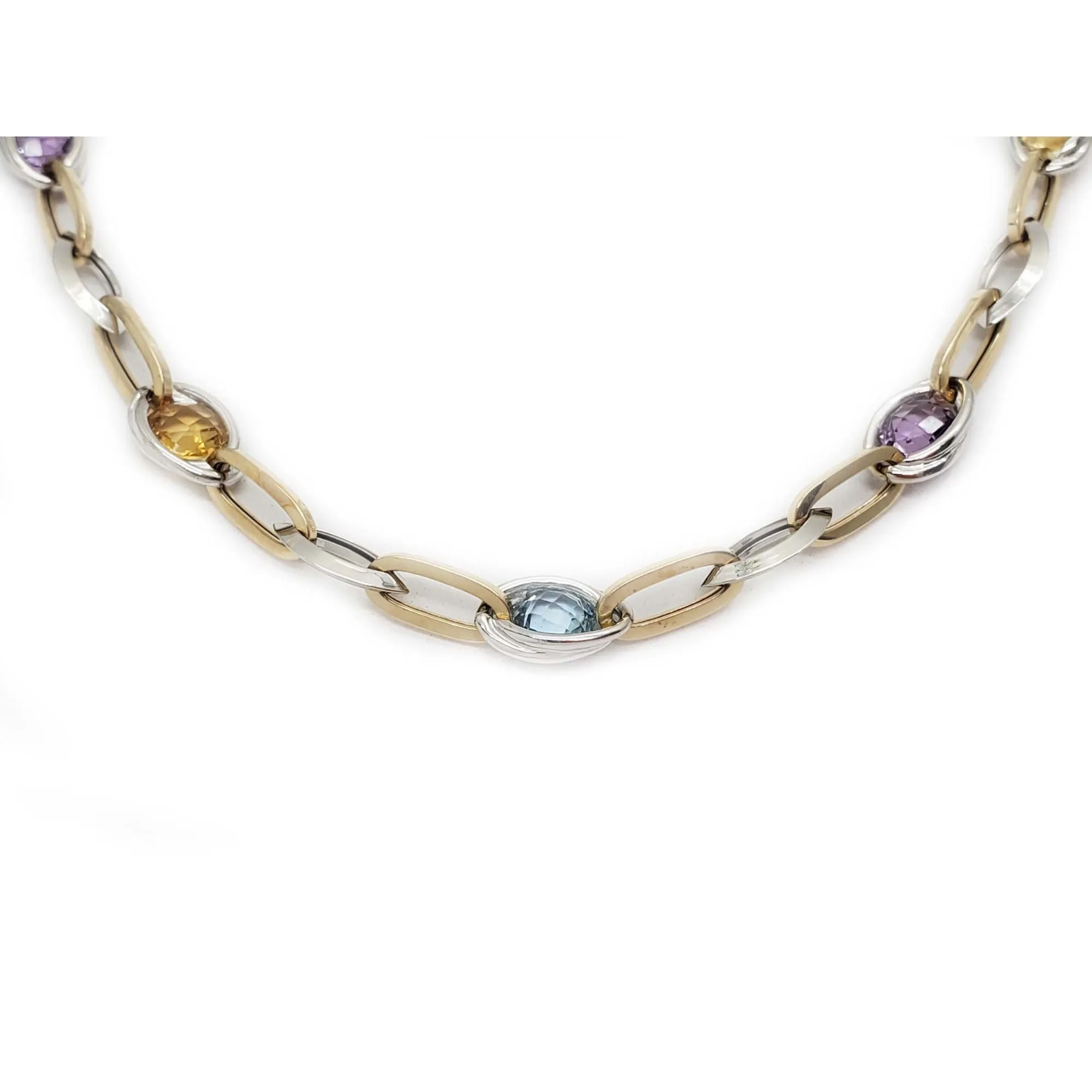 Amethyst Citrine Topaz Open Dia-Cut Oval Link Chain Necklace 14k Two-Tone Gold