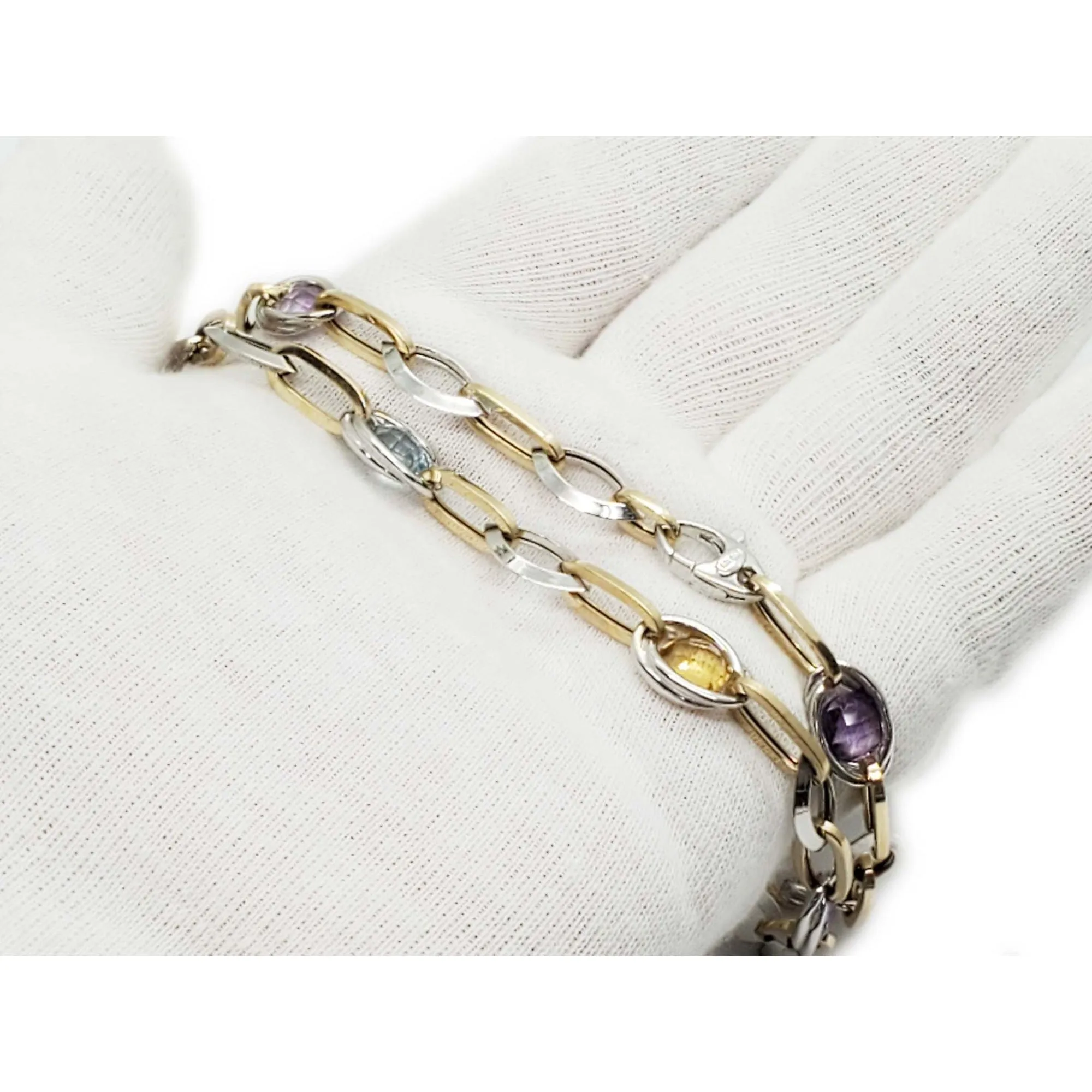 Amethyst Citrine Topaz Open Dia-Cut Oval Link Chain Necklace 14k Two-Tone Gold