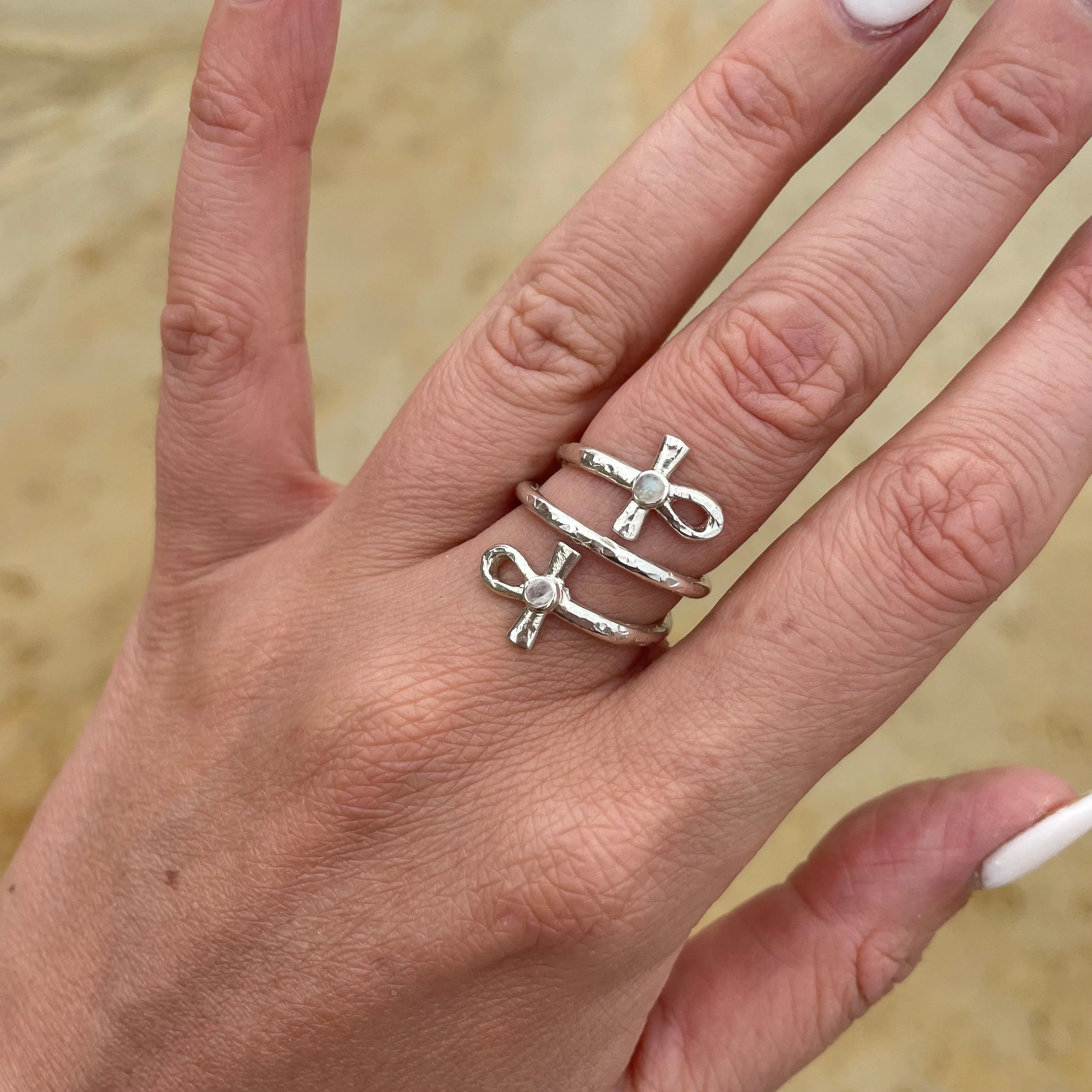 Ankh Sterling Silver Ring Rainbow Moonstone Ring