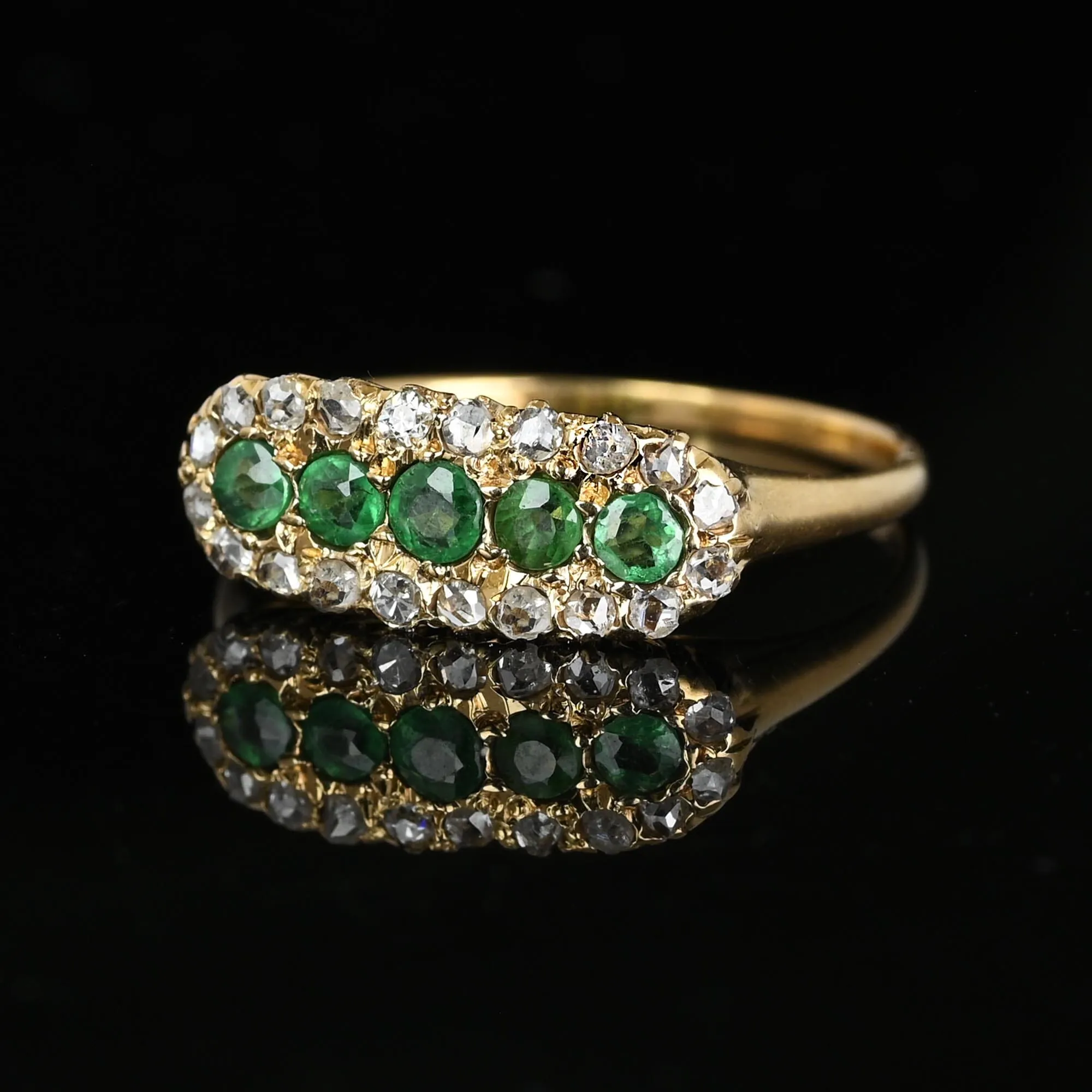 Antique 14K Gold Rose Cut Diamond Halo Emerald Ring, East West