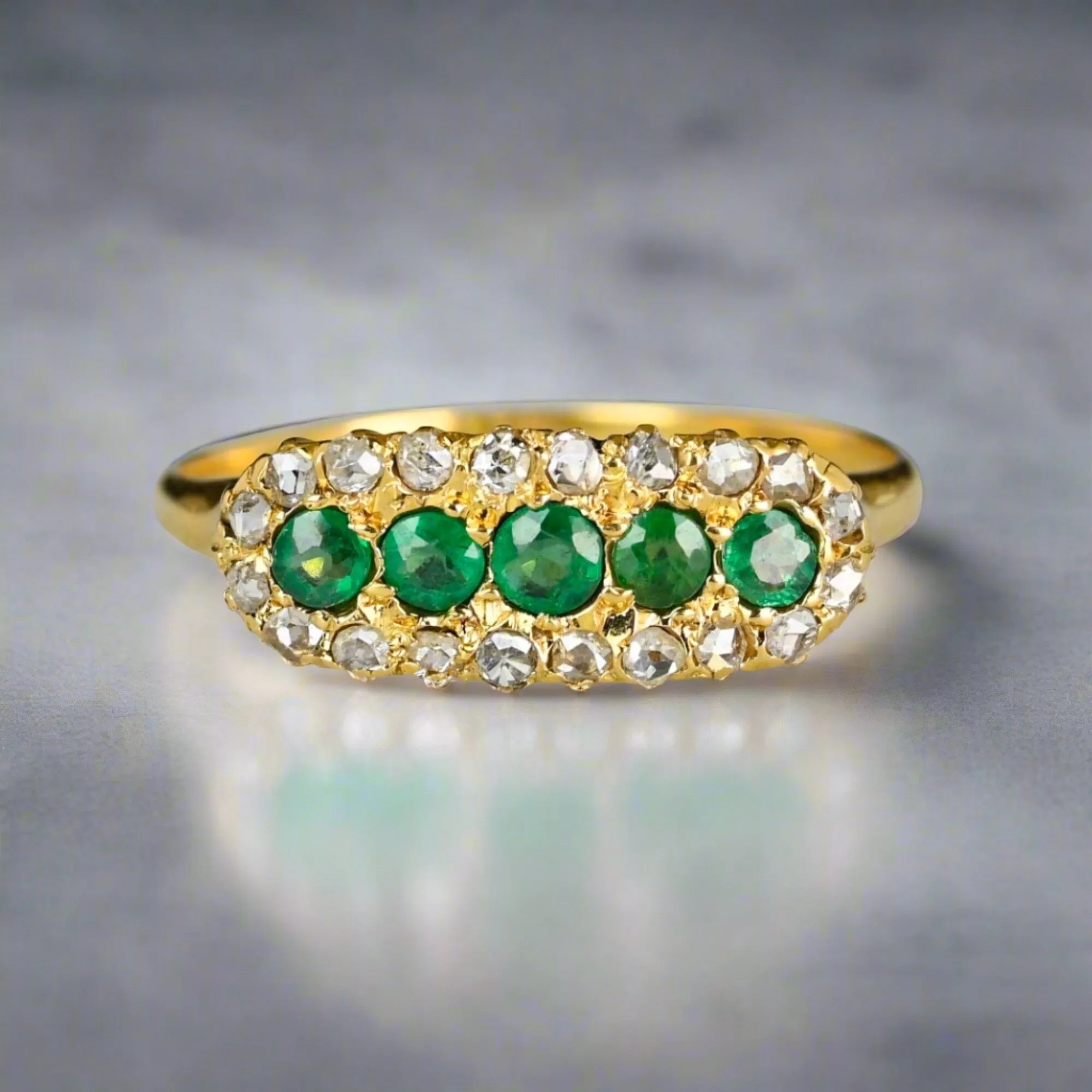 Antique 14K Gold Rose Cut Diamond Halo Emerald Ring, East West