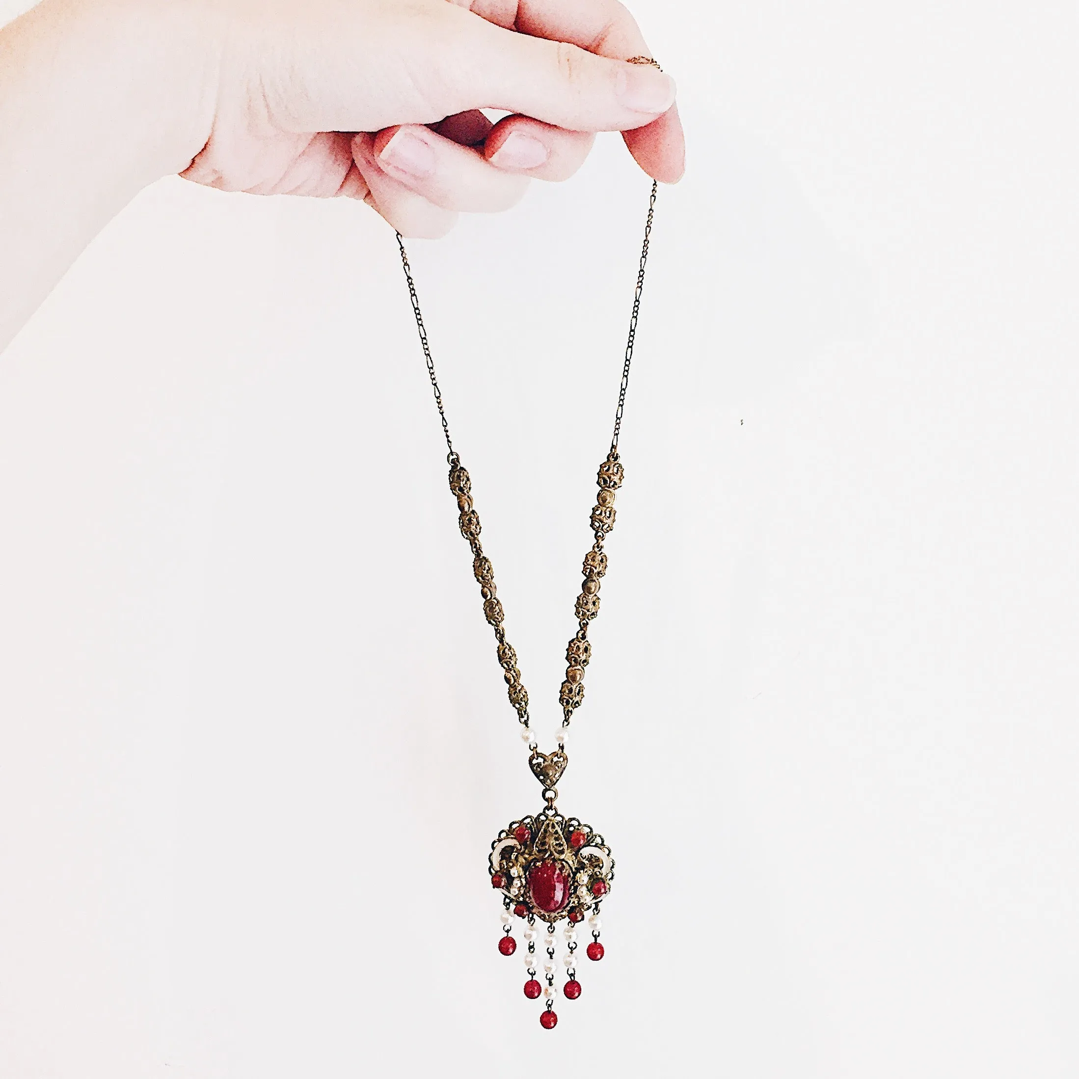 Antique 1930s Bohemian Brass Filigree Necklace - Cherry Amber & Faux Pearl