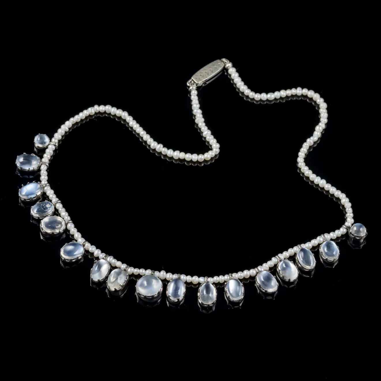 Antique Victorian Moonstone Pearl Necklace Sterling Silver Circa 1900