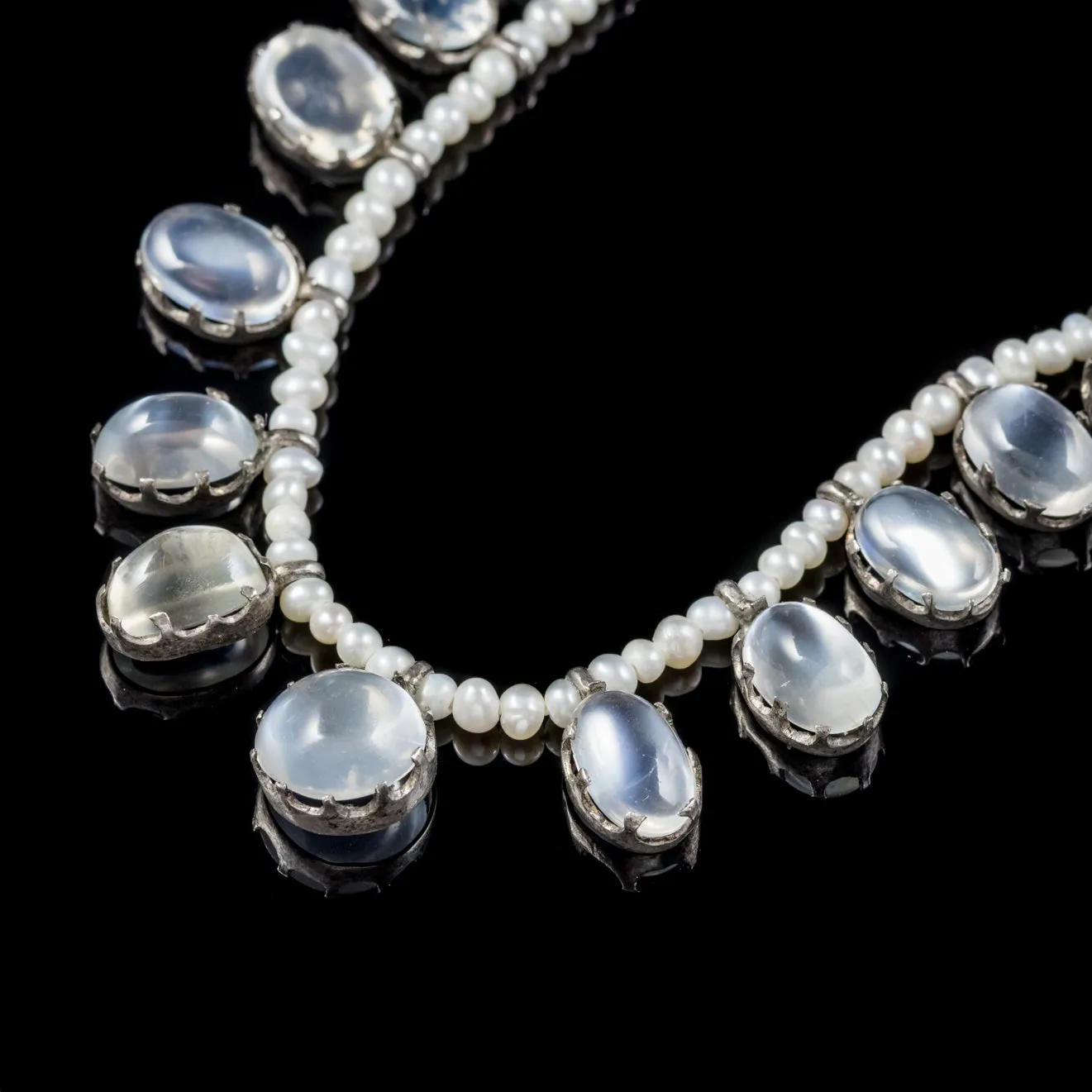 Antique Victorian Moonstone Pearl Necklace Sterling Silver Circa 1900