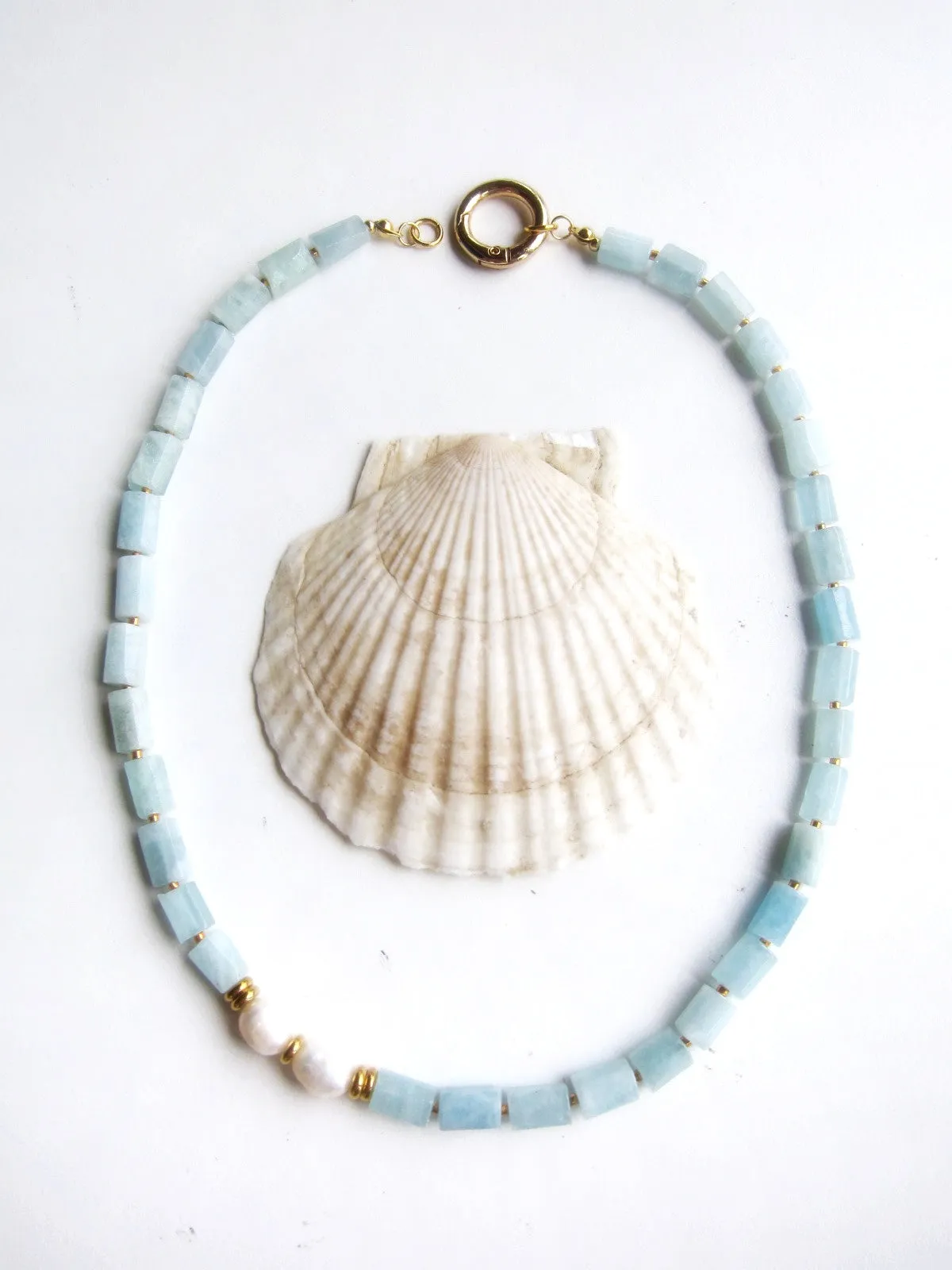 Aquamarine, Apatite and Mother Of Pearl Necklace in 18K findings