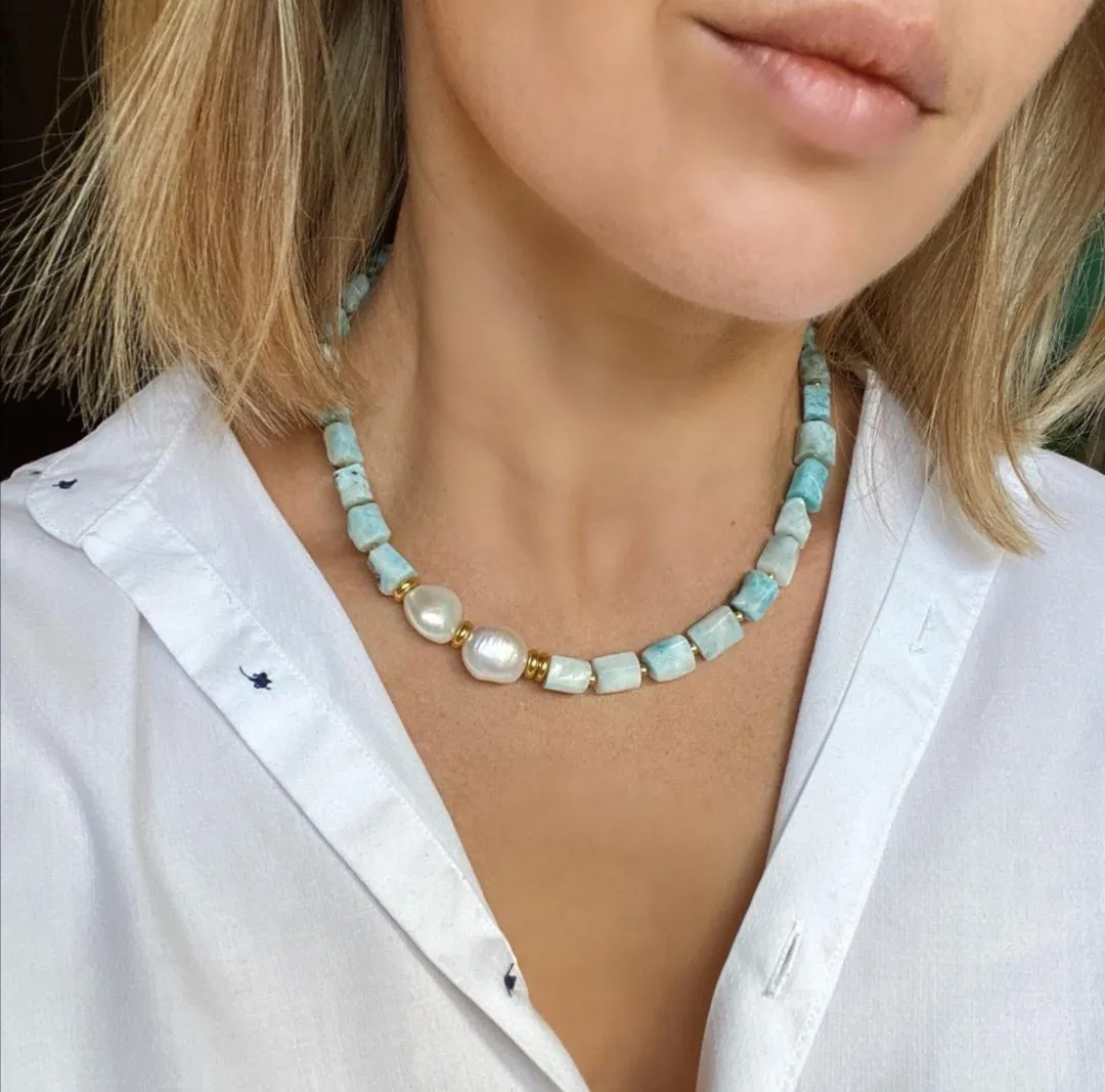 Aquamarine, Apatite and Mother Of Pearl Necklace in 18K findings