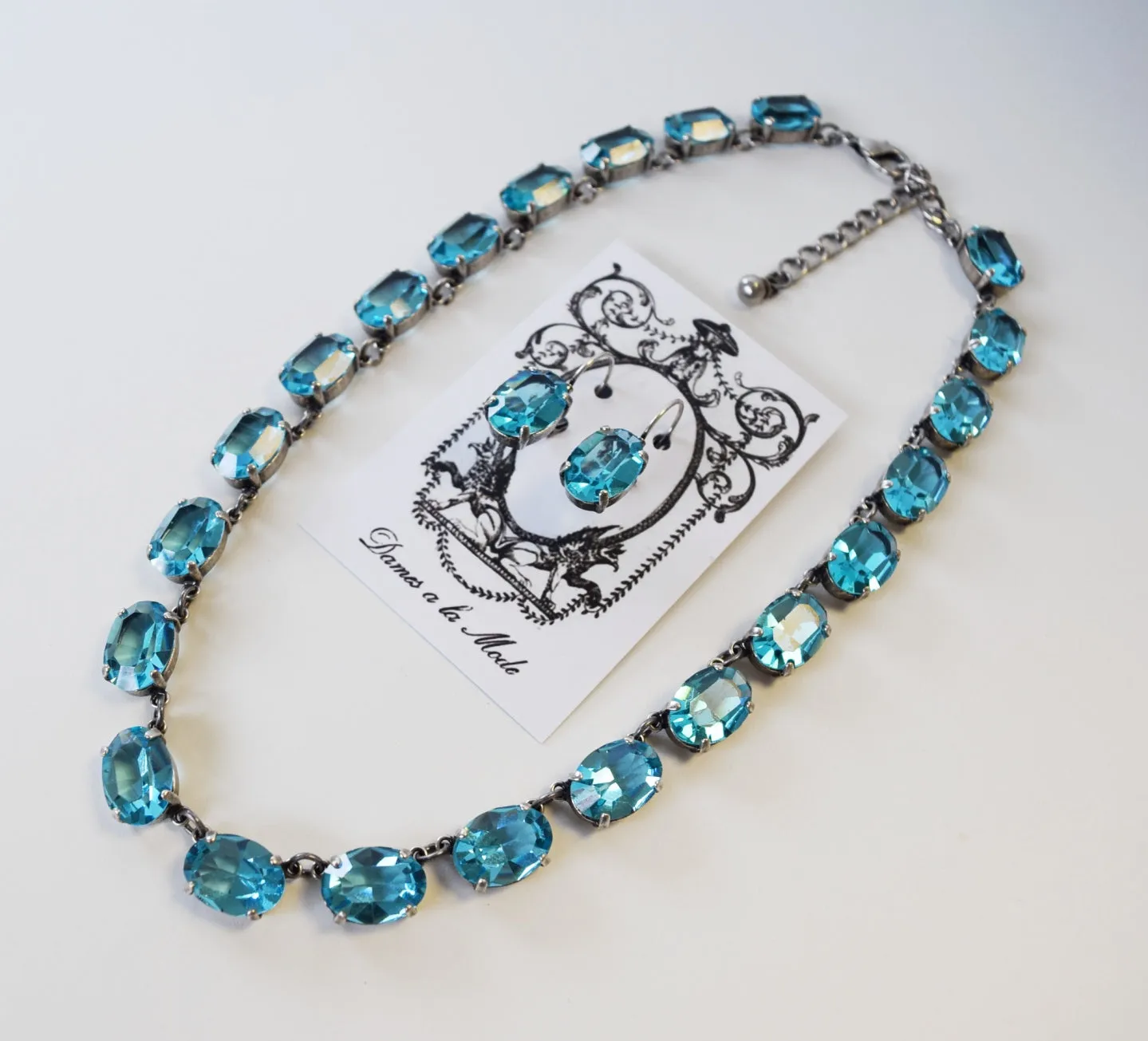 Aquamarine Blue Swarovski Crystal Necklace - Medium Oval Unfoiled