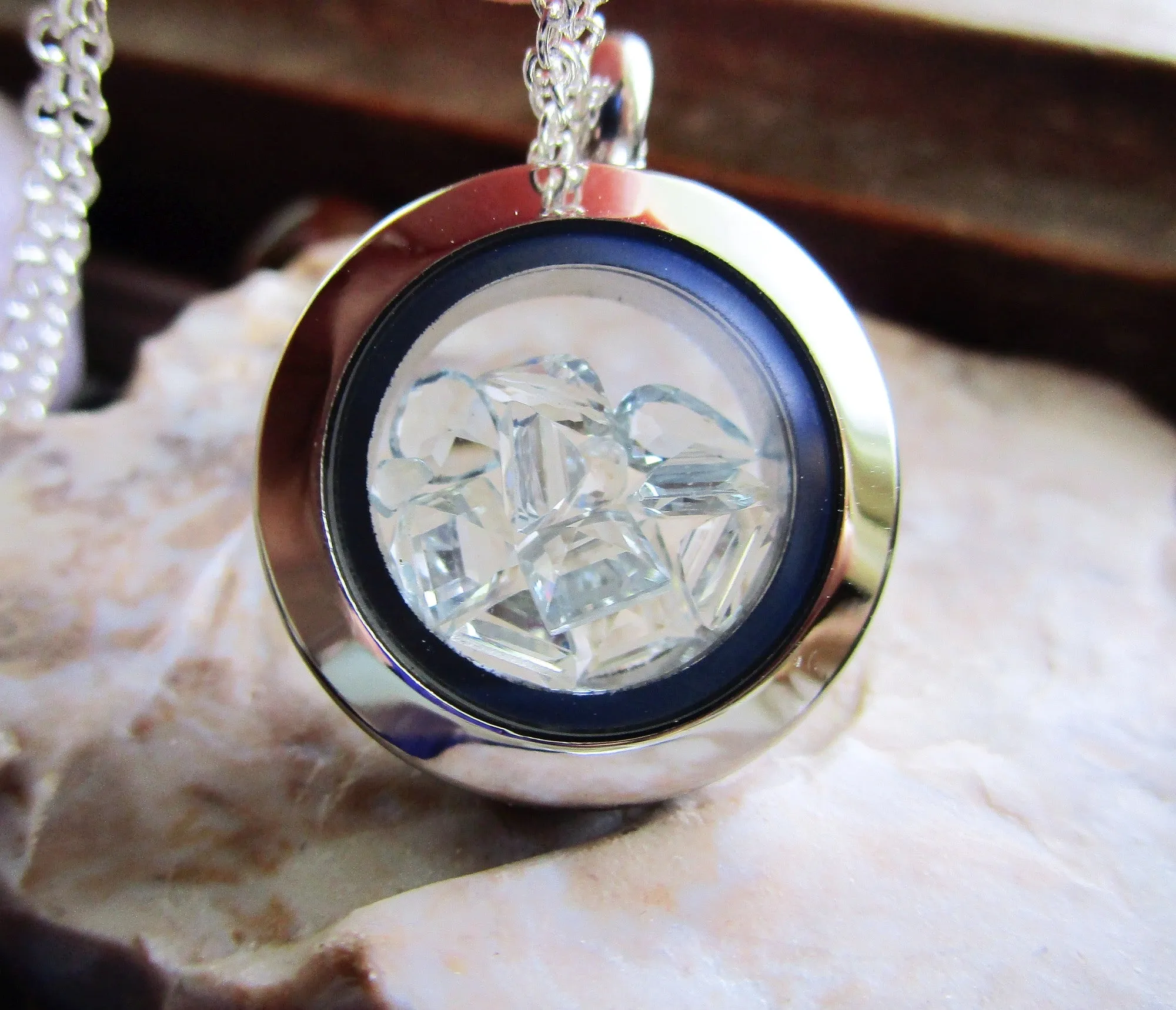 Aquamarine Gemstone Double Sided Floating Crystals Locket Pendant Necklace