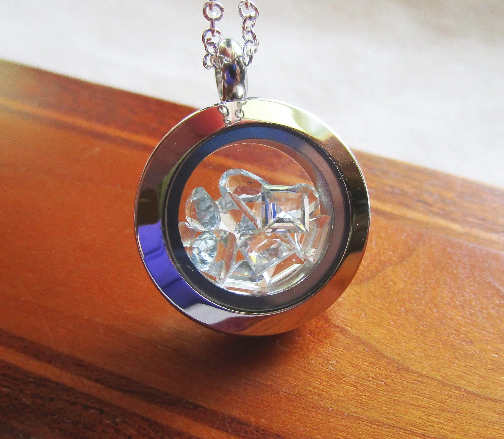 Aquamarine Gemstone Double Sided Floating Crystals Locket Pendant Necklace