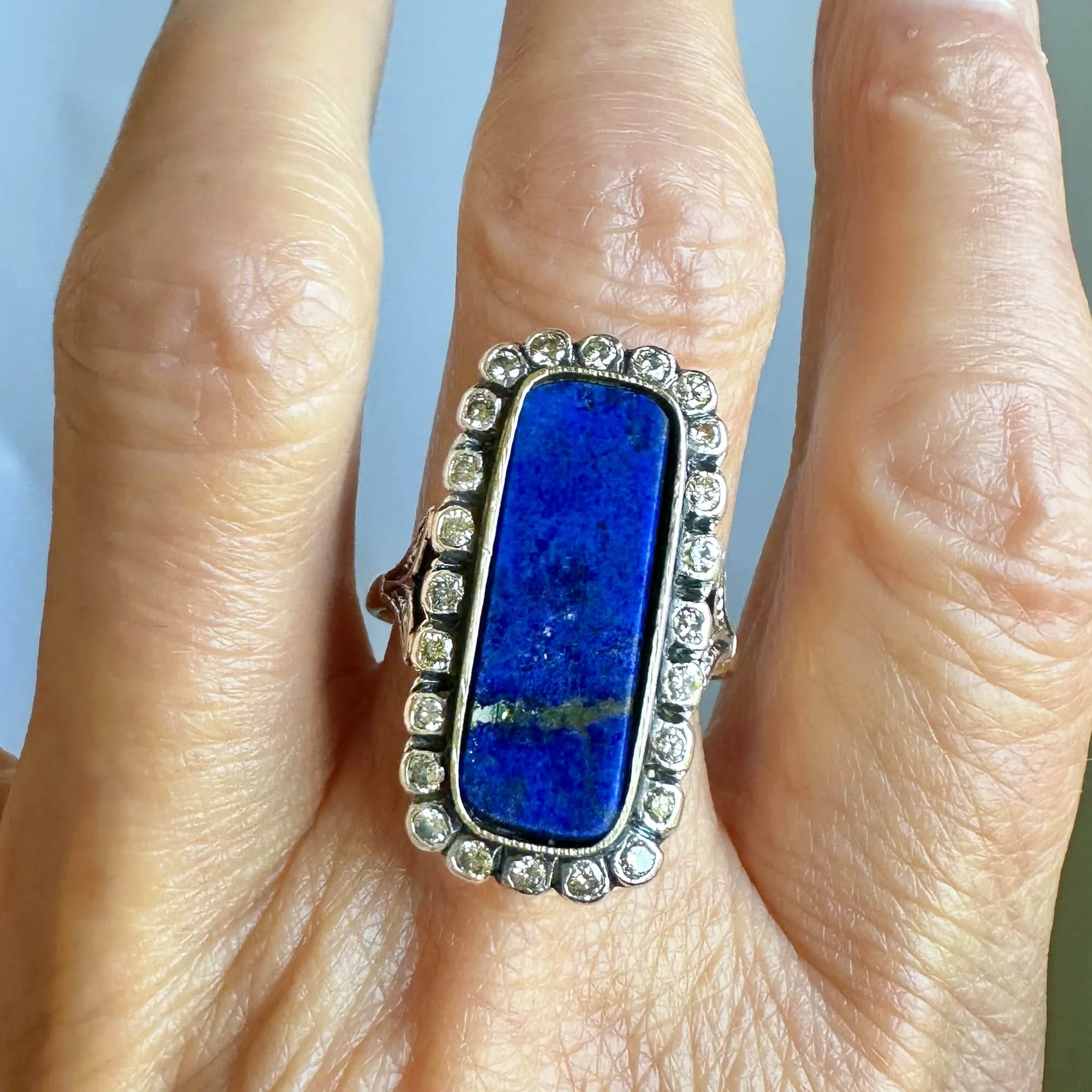 Art Deco 1.02 CTW Mine Cut Diamond Halo Lapis Lazuli Ring