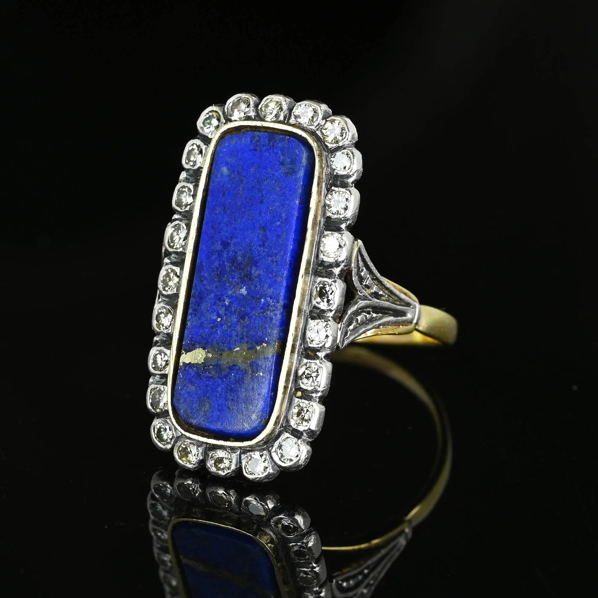 Art Deco 1.02 CTW Mine Cut Diamond Halo Lapis Lazuli Ring