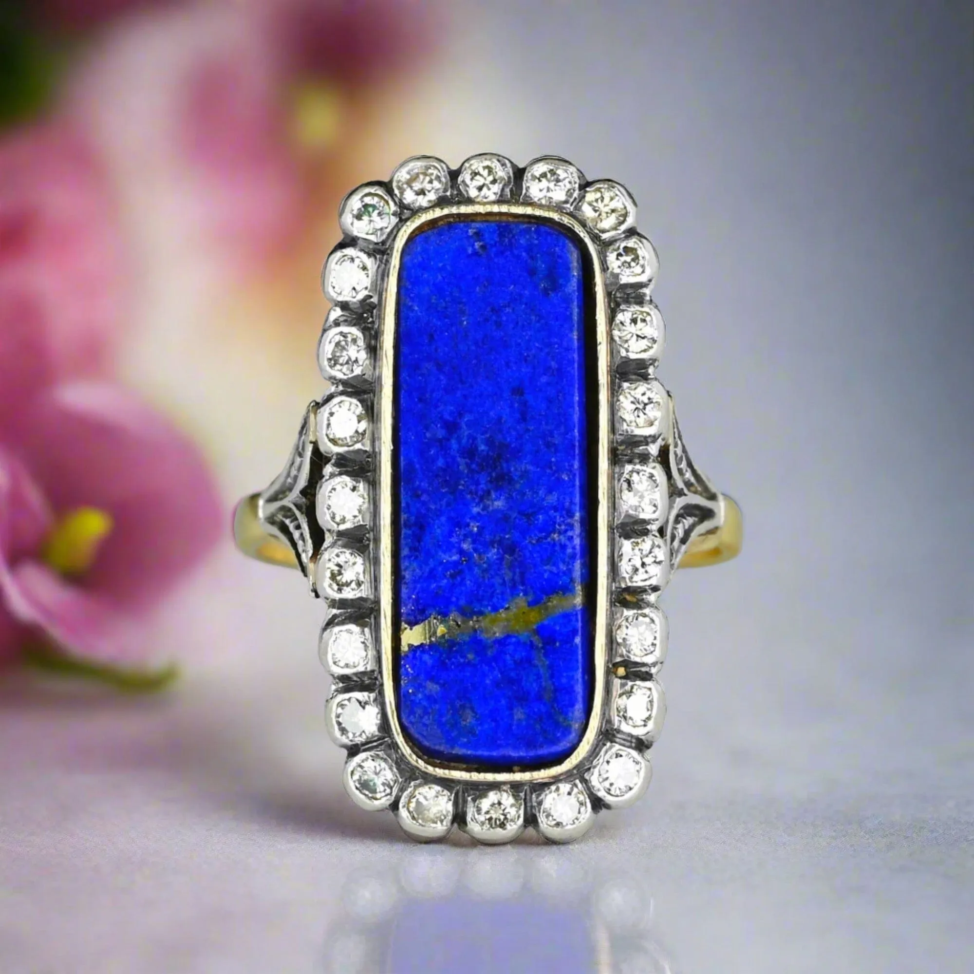 Art Deco 1.02 CTW Mine Cut Diamond Halo Lapis Lazuli Ring