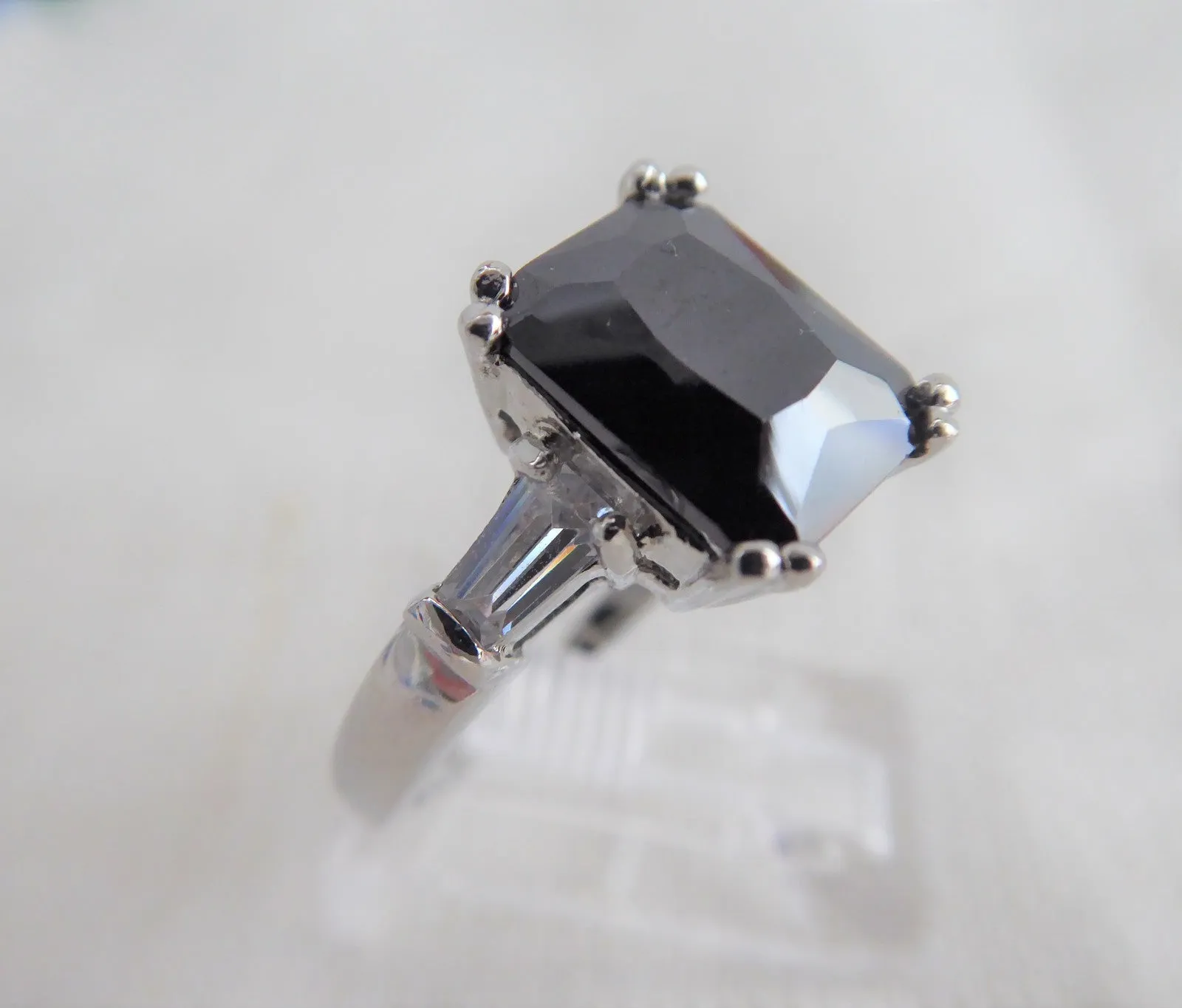 Art Deco Emerald Cut Black Czech Glass Ring Tapered Baguettes 1940s Bohemian