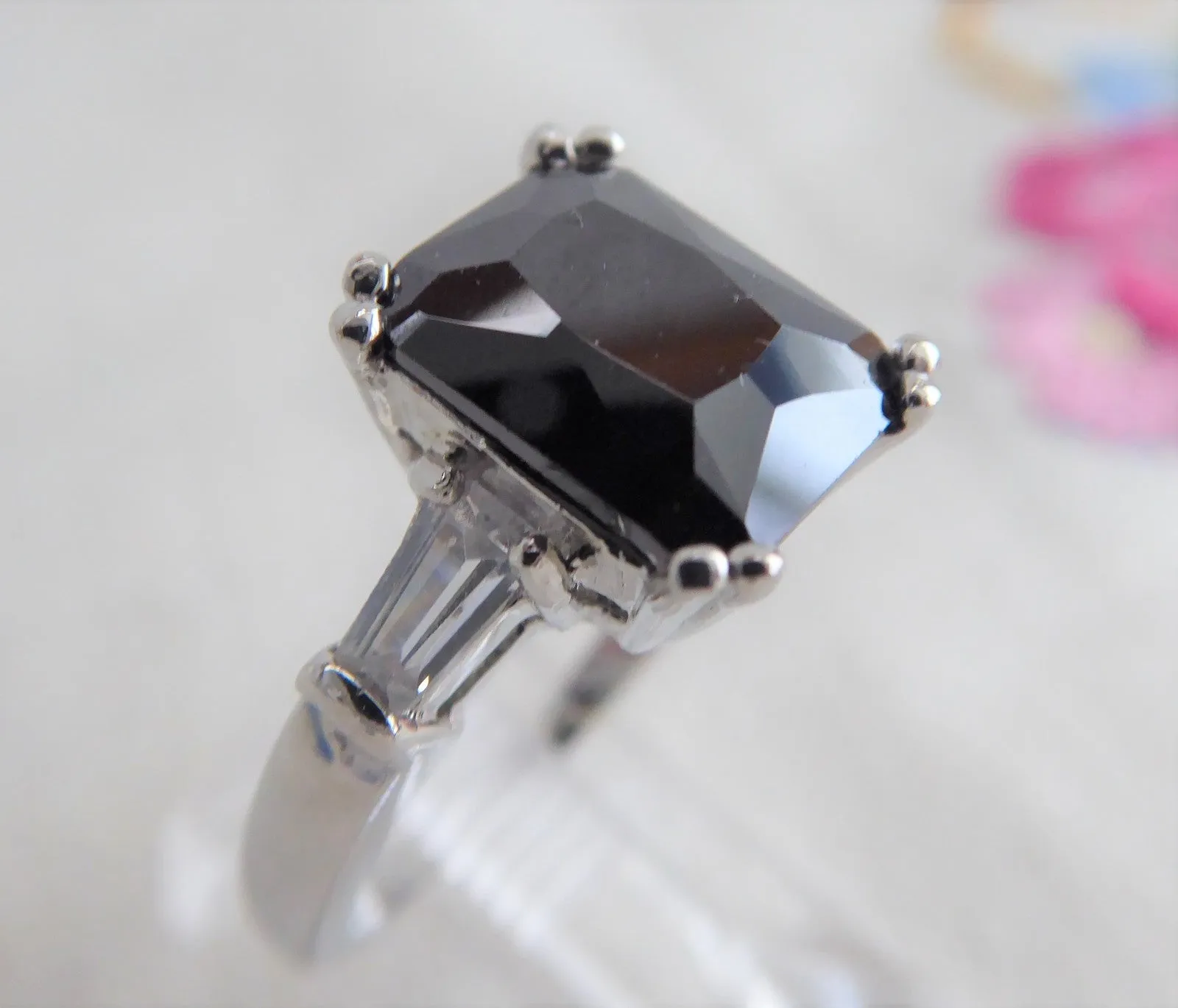 Art Deco Emerald Cut Black Czech Glass Ring Tapered Baguettes 1940s Bohemian