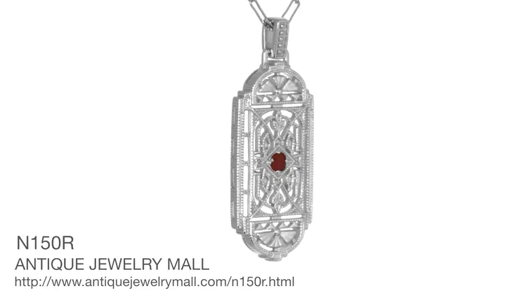 Art Deco Filigree Ruby Geometric Pendant Necklace in Sterling Silver