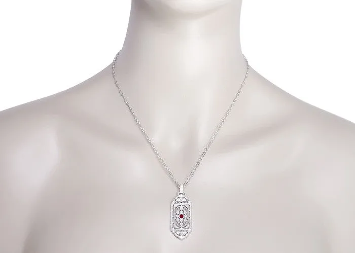 Art Deco Filigree Ruby Geometric Pendant Necklace in Sterling Silver