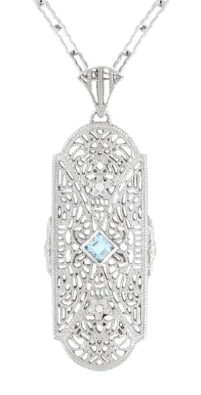 Art Deco Floral Filigree Aquamarine Pendant Necklace in Sterling Silver