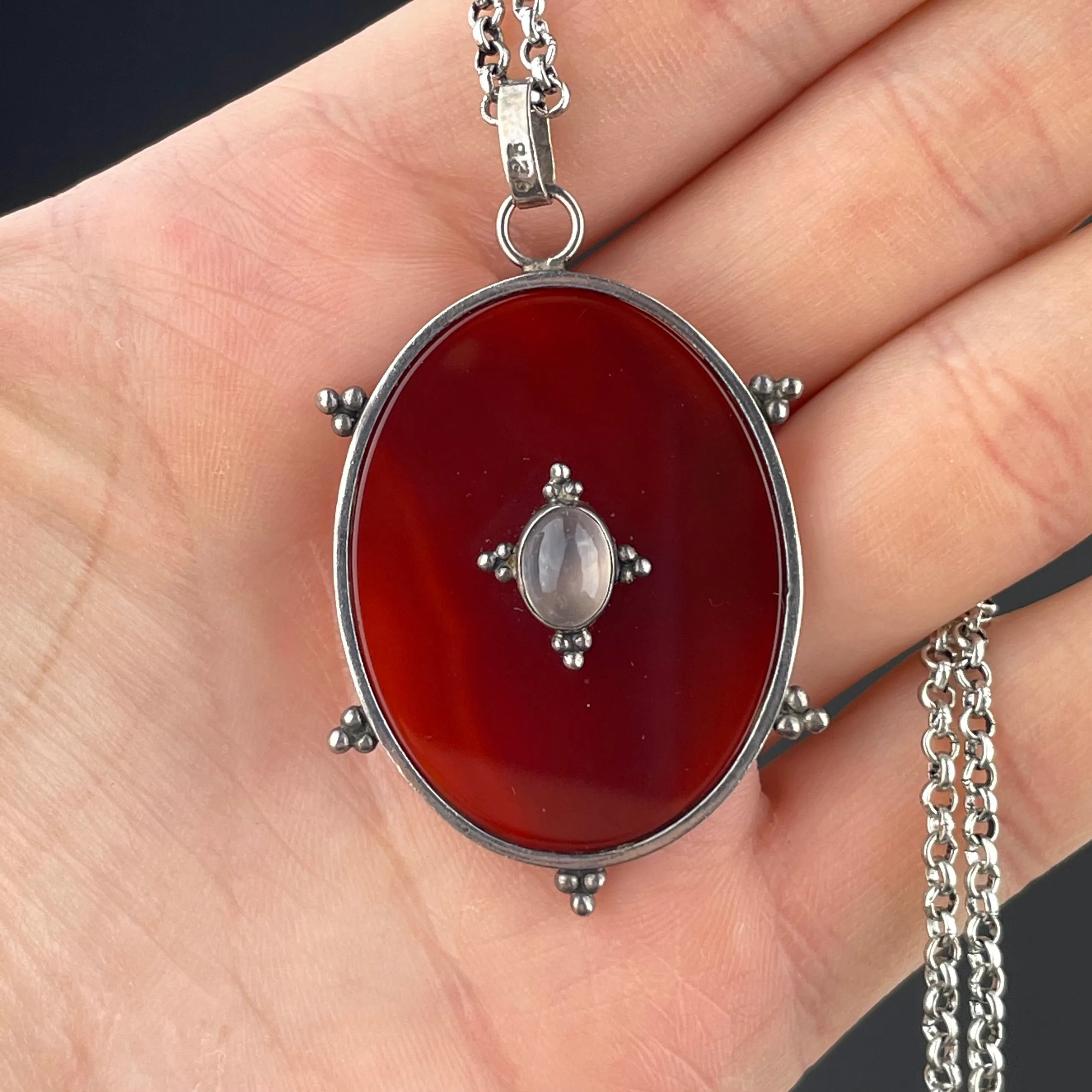 Arts and Crafts Silver Carnelian Moonstone Pendant Necklace