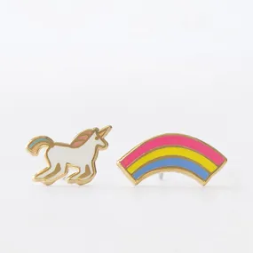 Asymmetrical Cloisonné Stud Earrings - Unicorn and Rainbow