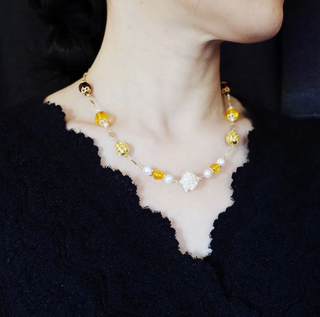 Autumn Amber and Pearl Station Necklace