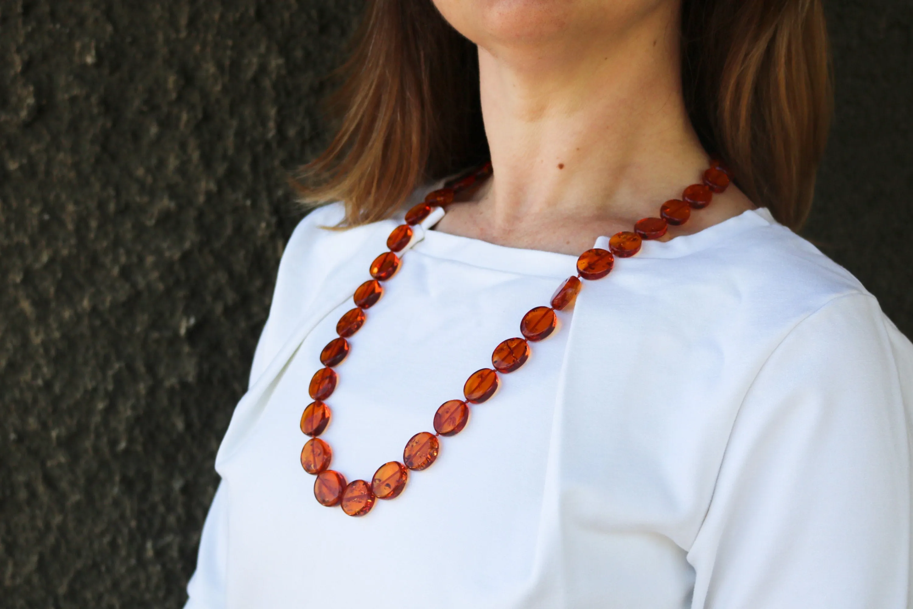 Baltic Amber Cognac Necklace Flat Beads Long Unisex Calibrated 28.5"