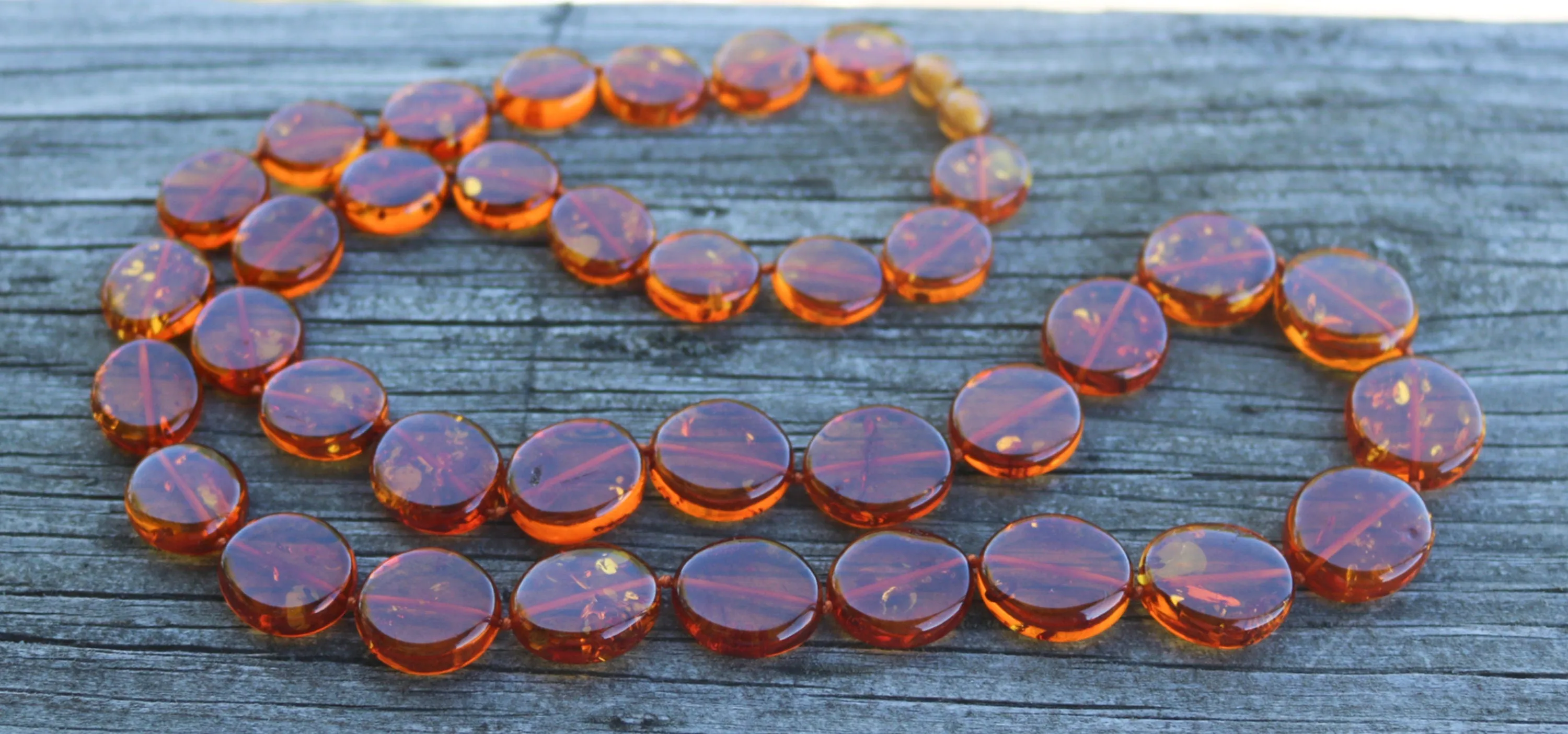 Baltic Amber Cognac Necklace Flat Beads Long Unisex Calibrated 28.5"