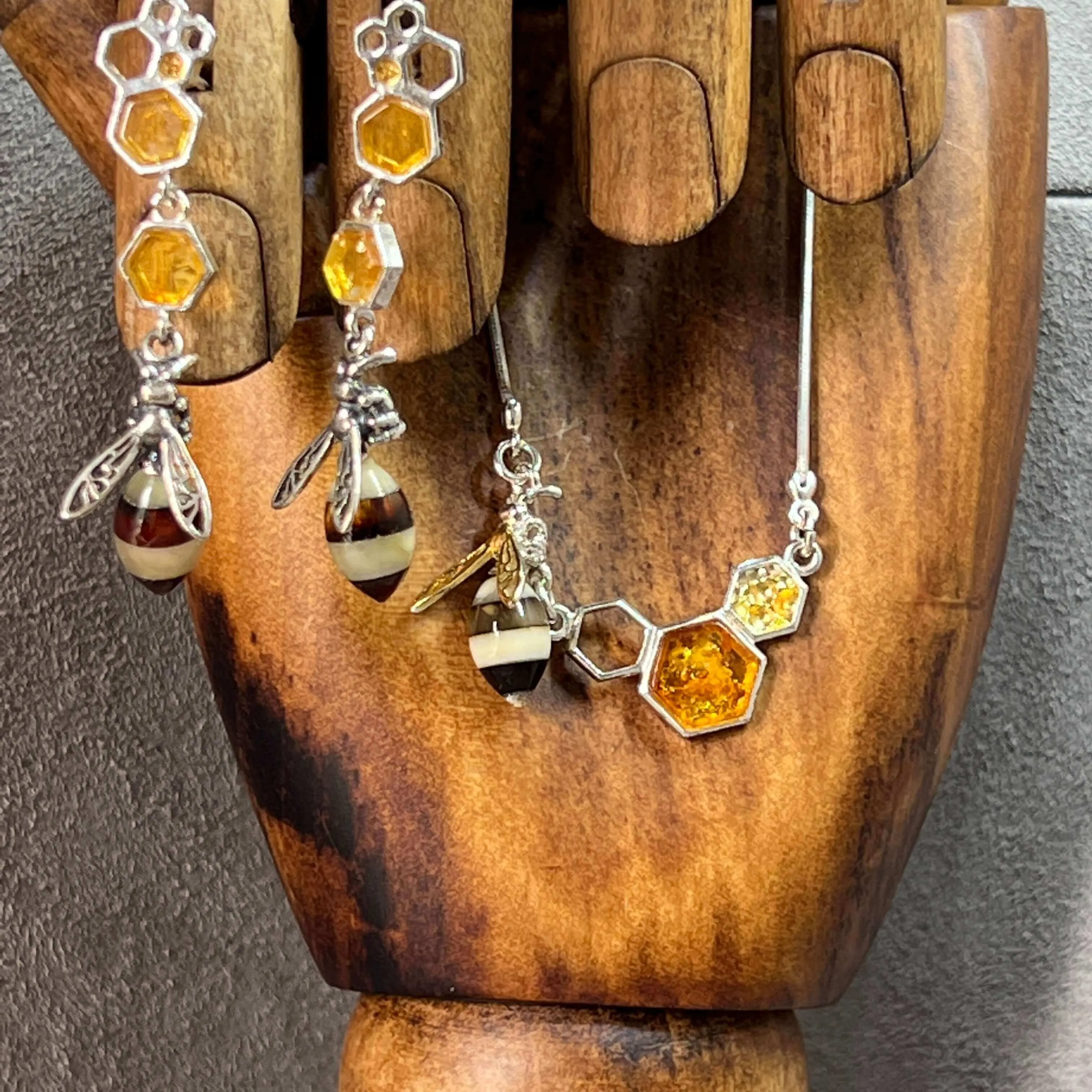 Baltic Amber Honeycomb Bee Charm Sterling Silver Necklace