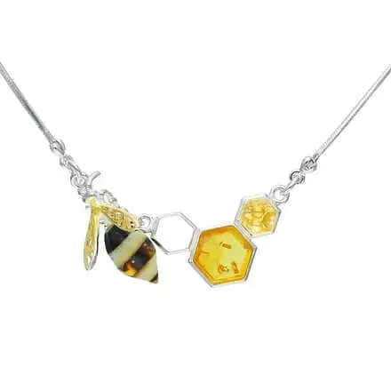 Baltic Amber Honeycomb Bee Charm Sterling Silver Necklace