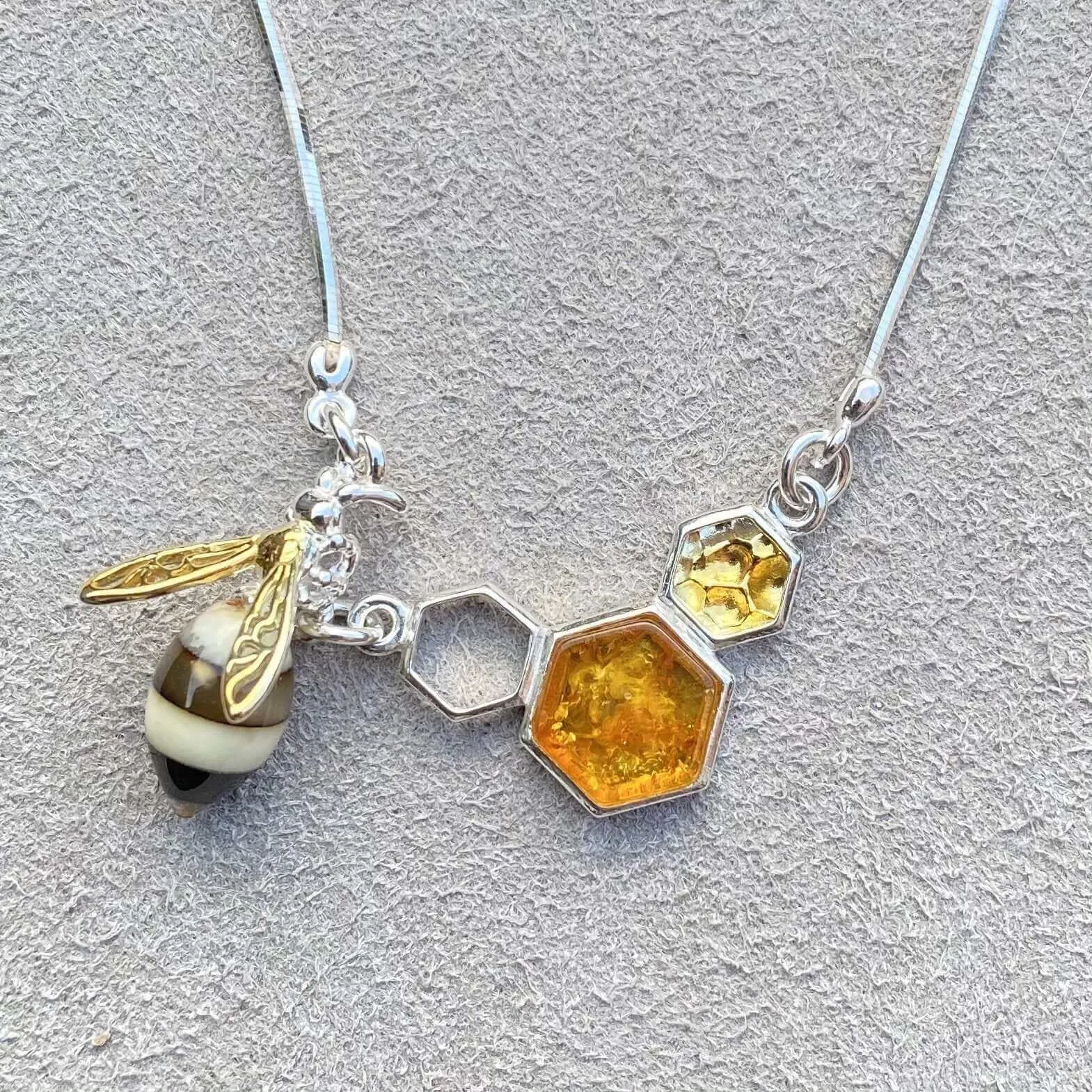 Baltic Amber Honeycomb Bee Charm Sterling Silver Necklace