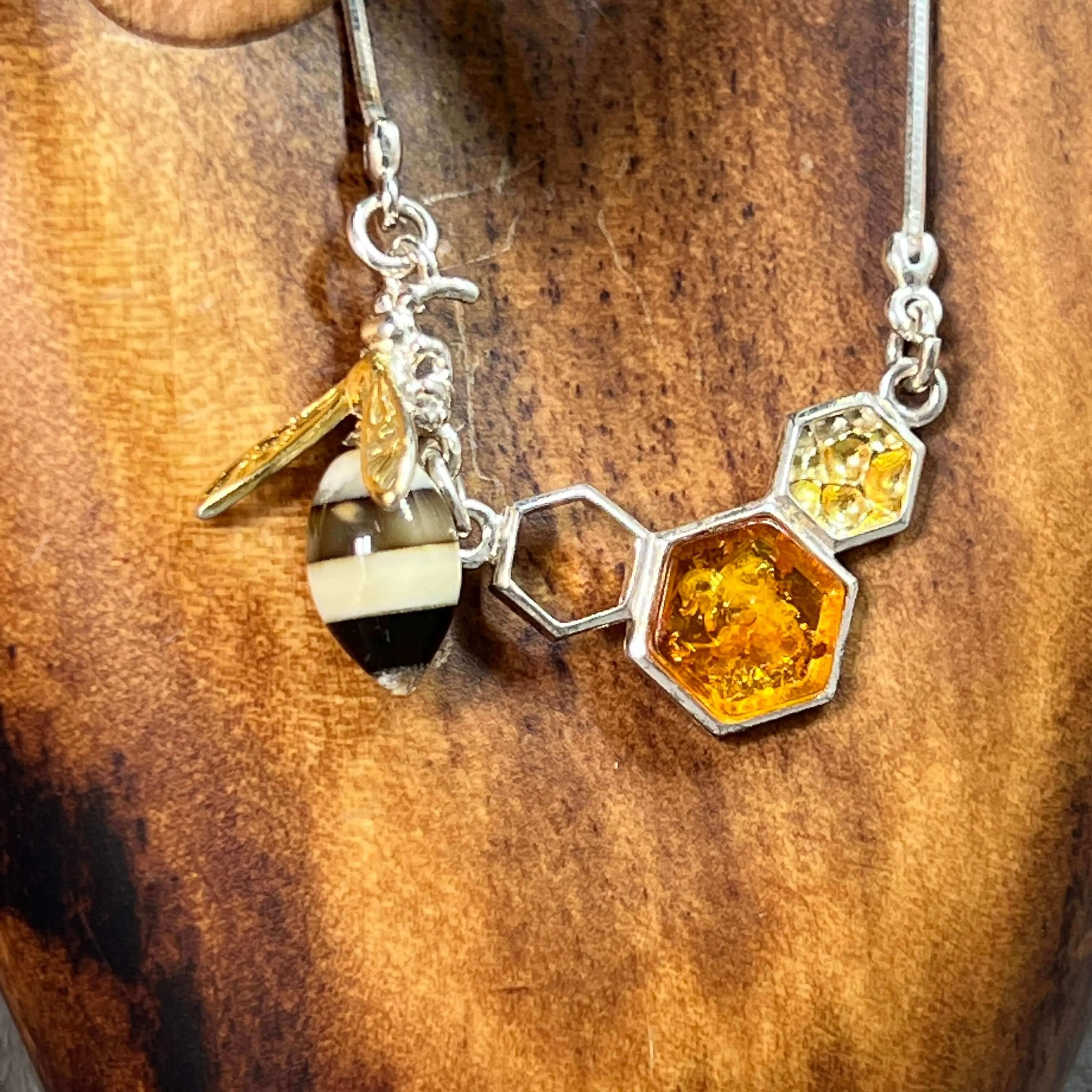 Baltic Amber Honeycomb Bee Charm Sterling Silver Necklace