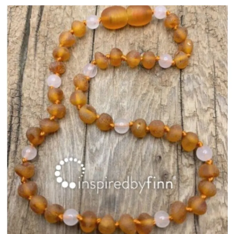 Baltic Amber Necklace Unpolished Cider  and Rose Quartz