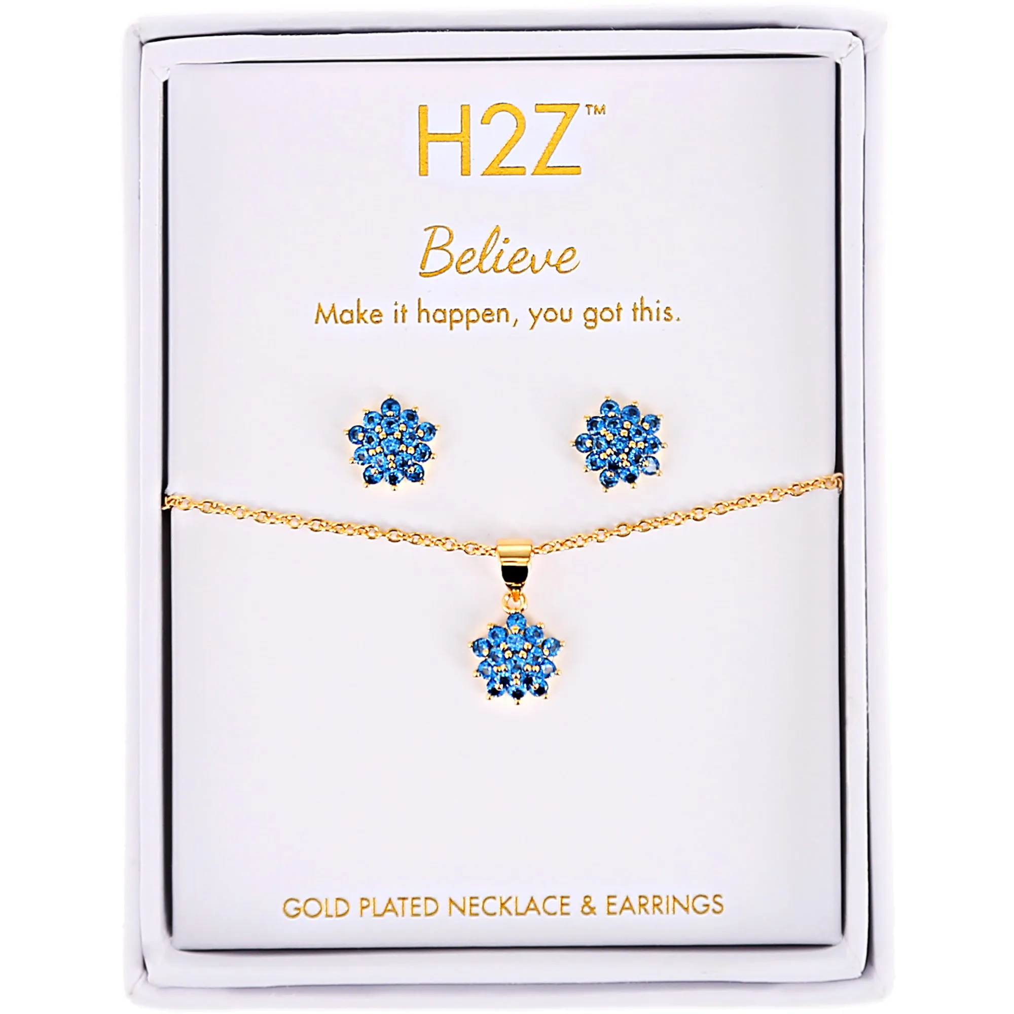 Believe Floral Burst Aquamarine Zircon - 16.5"-18.5" Inspirational 18K Gold Plated Gift Set