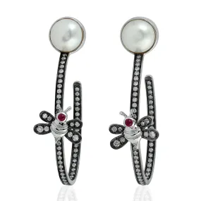 Bezel Set Pearl Round Ruby Pave Diamond Butterfly Hoop Earrings In 18k Oxidized Gold