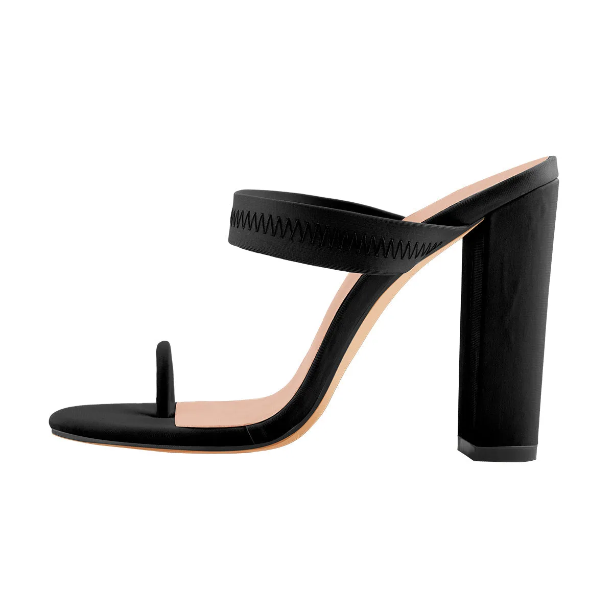 Black Chunky High Heel Mules Toe Ring Sandals