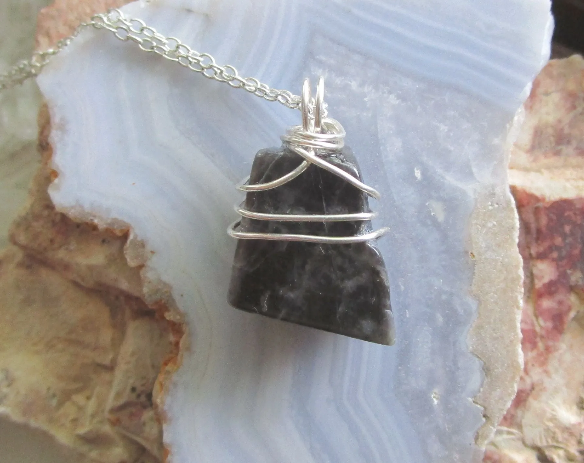 Black Star Moonstone Natural Crystal Wire Wrapped Pendant Necklace