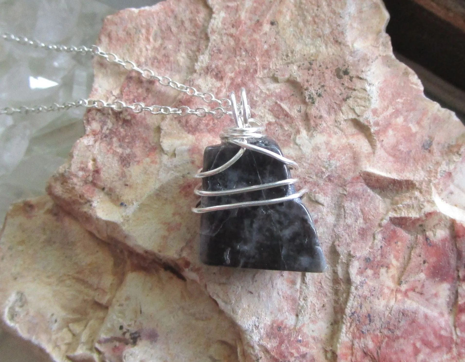 Black Star Moonstone Natural Crystal Wire Wrapped Pendant Necklace