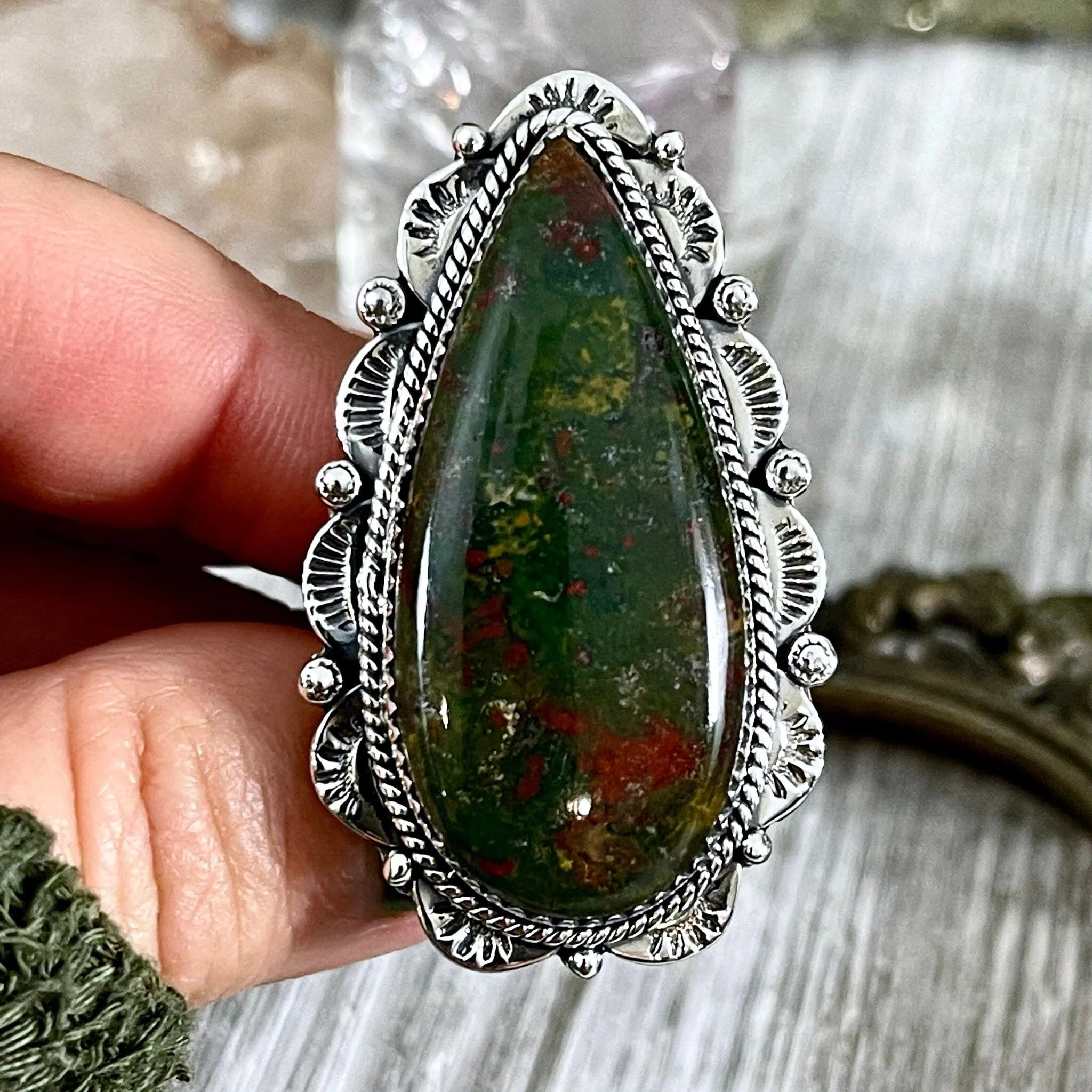 Bloodstone Teardrop Crystal Statement Ring Sterling Silver- Designed by FOXLARK Collection Adjustable Size- Adjustable to Size 6 7 8 9