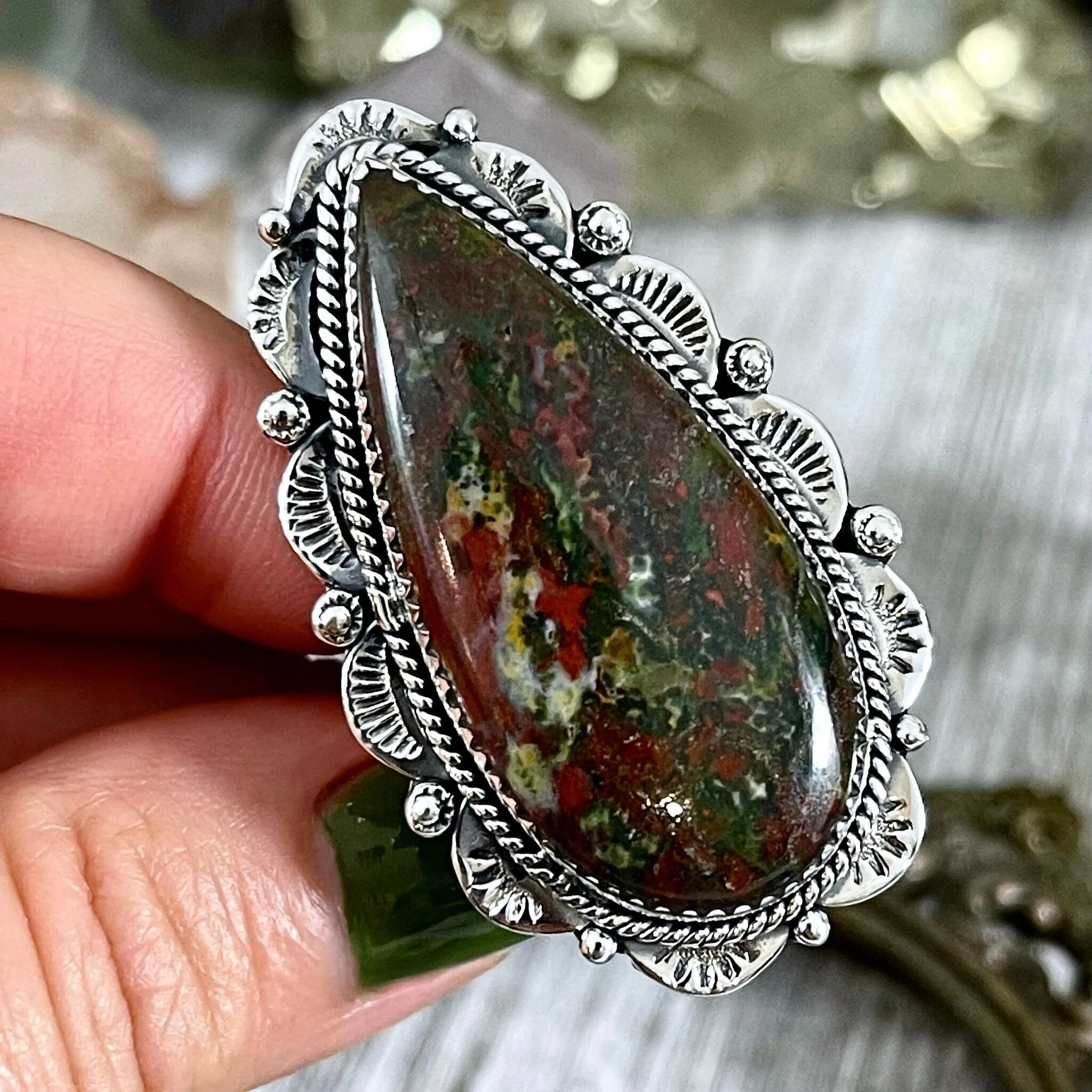 Bloodstone Teardrop Crystal Statement Ring Sterling Silver- Designed by FOXLARK Collection Adjustable Size- Adjustable to Size 6 7 8 9