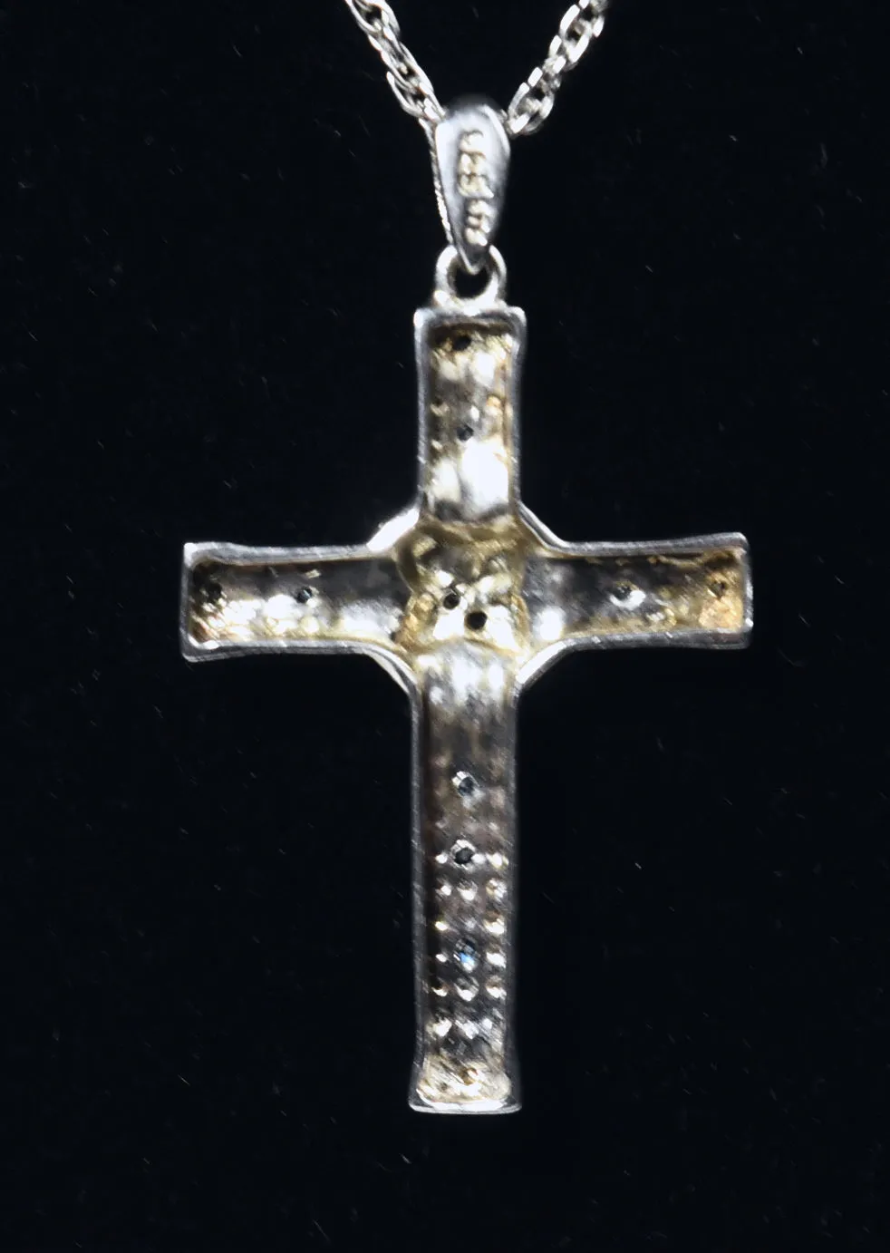 Blue and White Diamond Sterling Silver Cross Pendant on Sterling Silver Chain Necklace