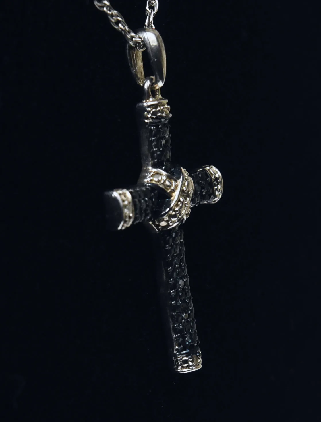 Blue and White Diamond Sterling Silver Cross Pendant on Sterling Silver Chain Necklace