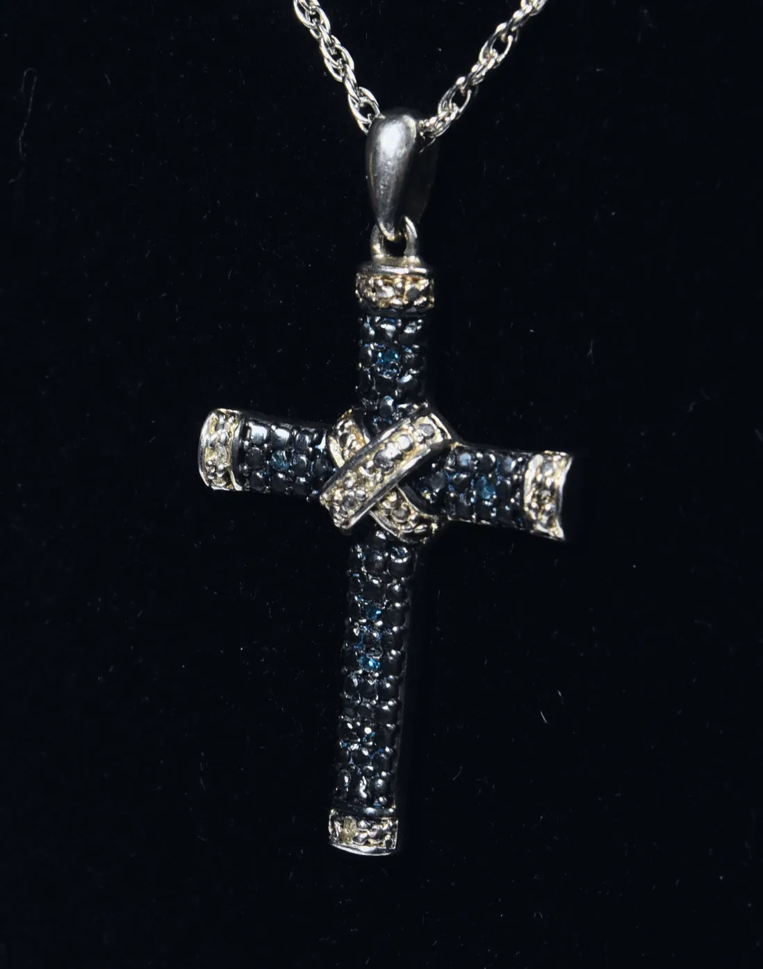 Blue and White Diamond Sterling Silver Cross Pendant on Sterling Silver Chain Necklace